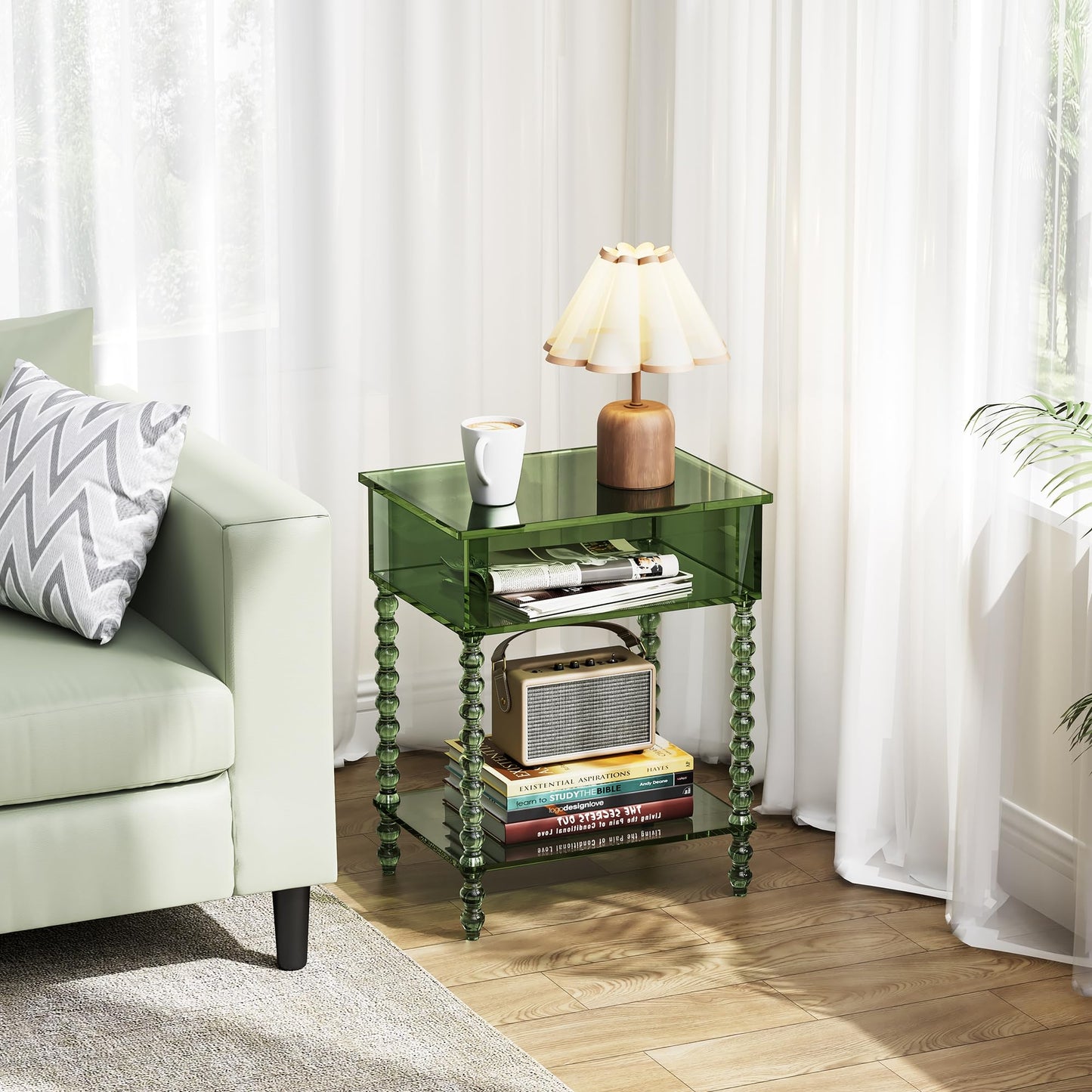 Dewrhiixe Acrylic Side Table, Clear 3-Tier End Table with Storage, Nightstand for Living Room, Bedroom, Office (Green, 40x30x50 cm)