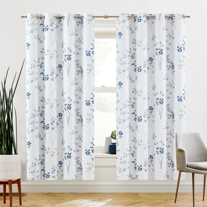 Beauoop Blue Grey Floral Blackout Curtains for Bedroom Living Room 72 Inch Drop Leaf Print Eyelet Curtain Botanical Thermal Insulated Noise Reducing