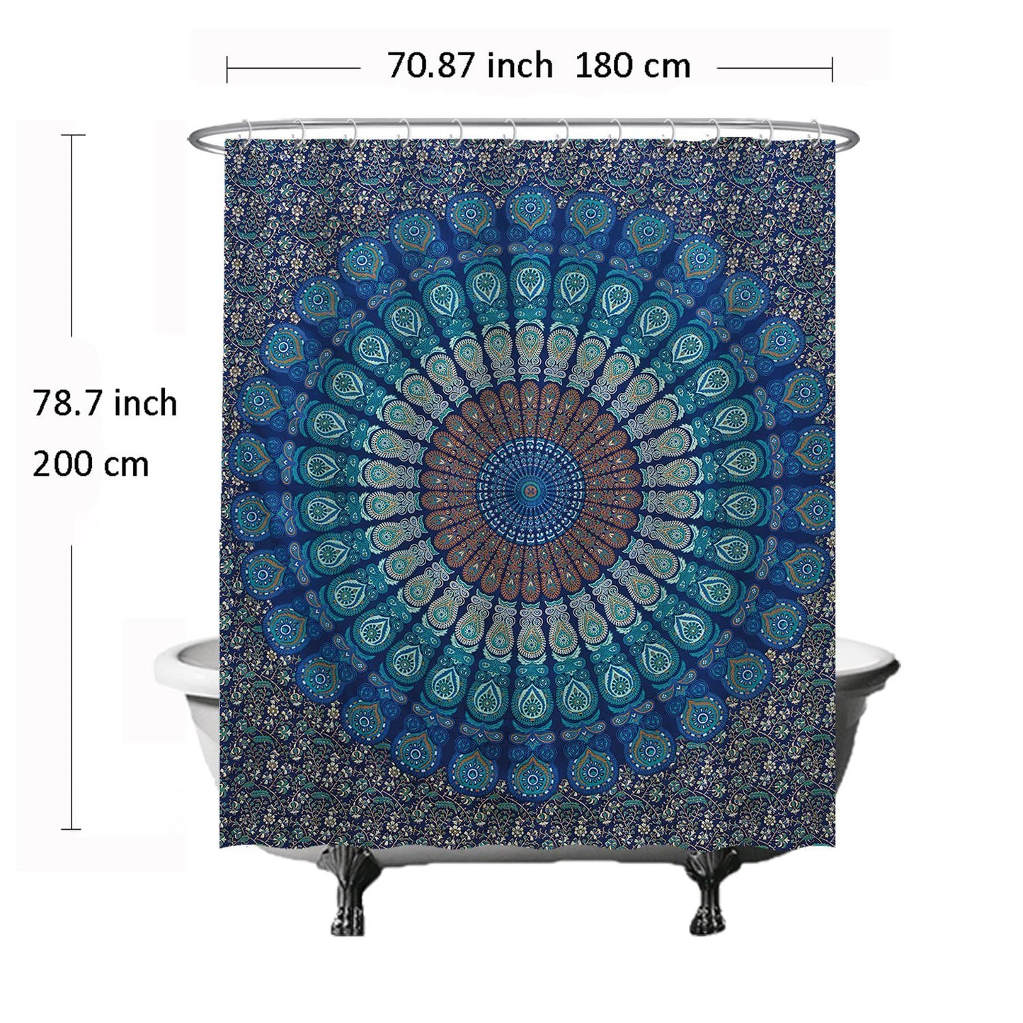 Ulticool Mandala Shower Curtain, 180 x 200 cm, Washable, Anti-Mildew Waterproof, with 12 Rings, Blue