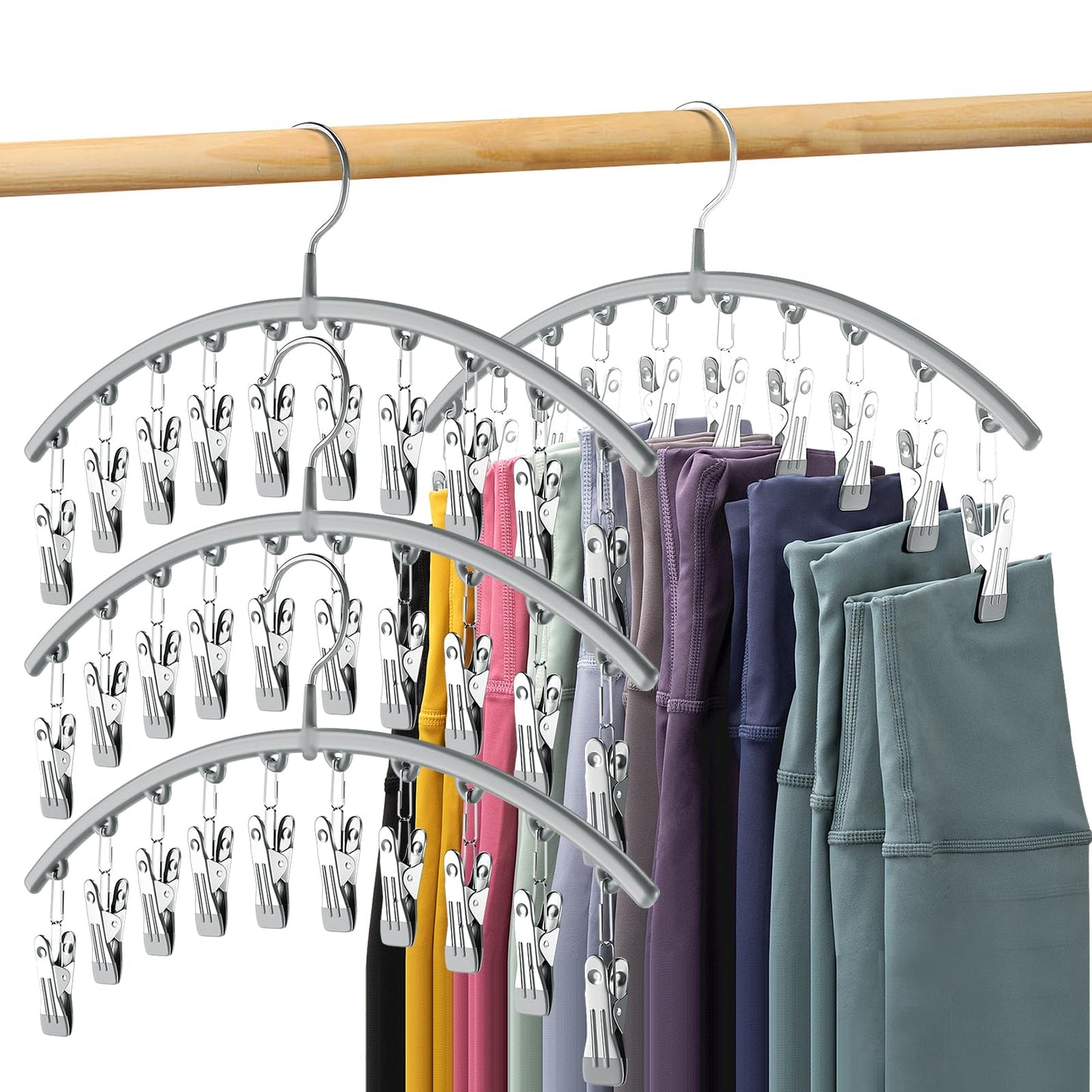 Volnamal Leggings Organiser, Metal Yoga Pants Hangers with Rubber Coating, 4 Pack 10 Clips for 40 Leggings Space Saving Hanging Closet Organizer Grey