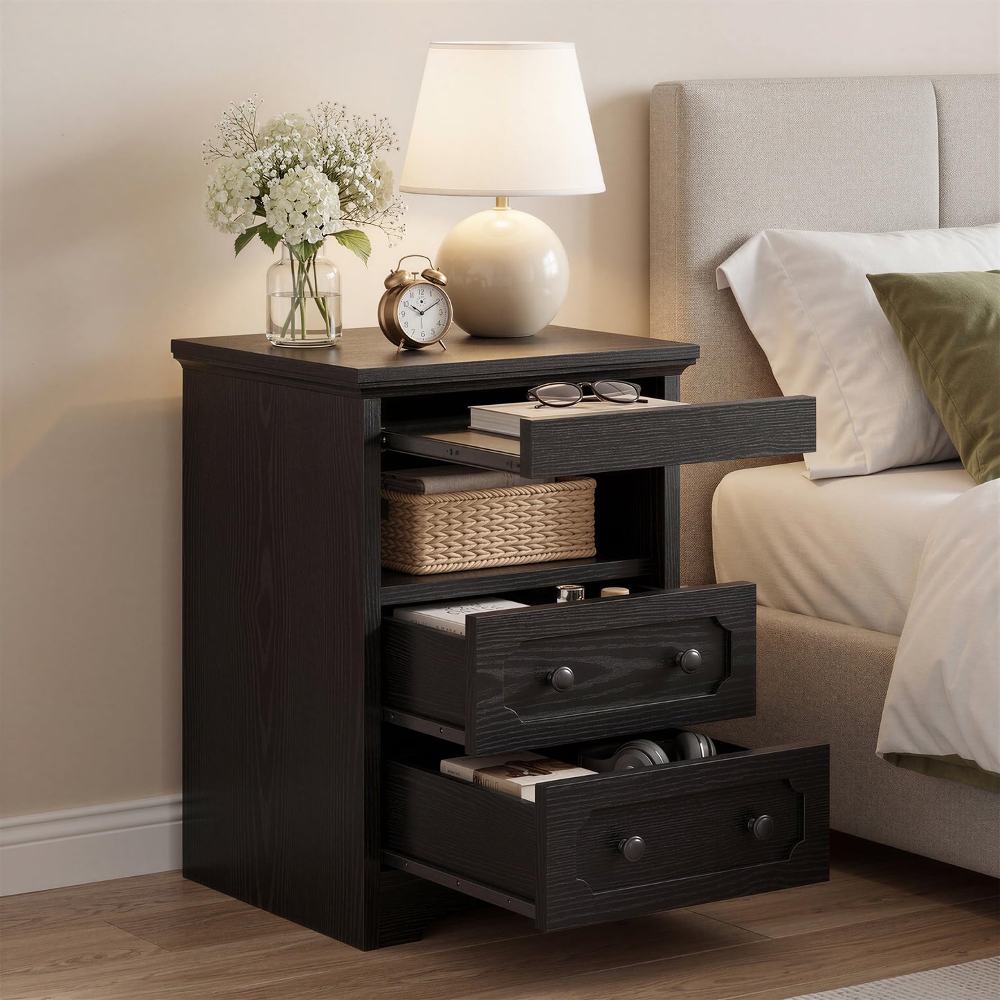 IRONCK Bedside Table Set of 2, Modern Nightstand with 2 Drawers, Open Shelf, End Table with Pull-Out Tray for Bedroom, Living Room, Black