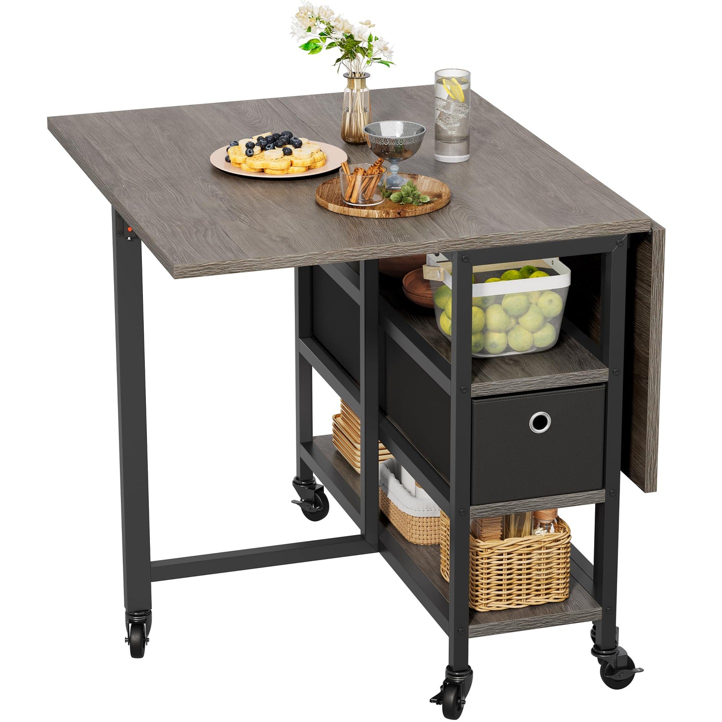 YITAHOME Folding Dining Table with Storage Drawers, Grey Oak and Black