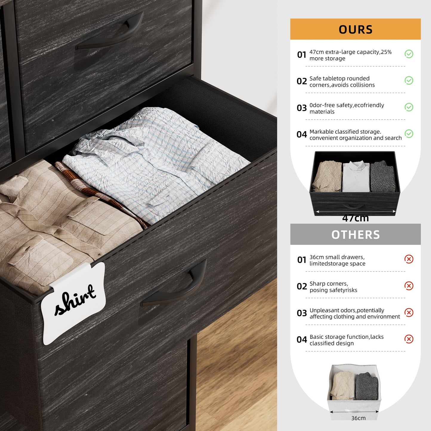 PURFINO Fabric Chest of Drawers - Canvas Storage Unit with 9 Drawers, Label Cards, Side Pocket & Hook for Living Room, Hallway, Bedroom