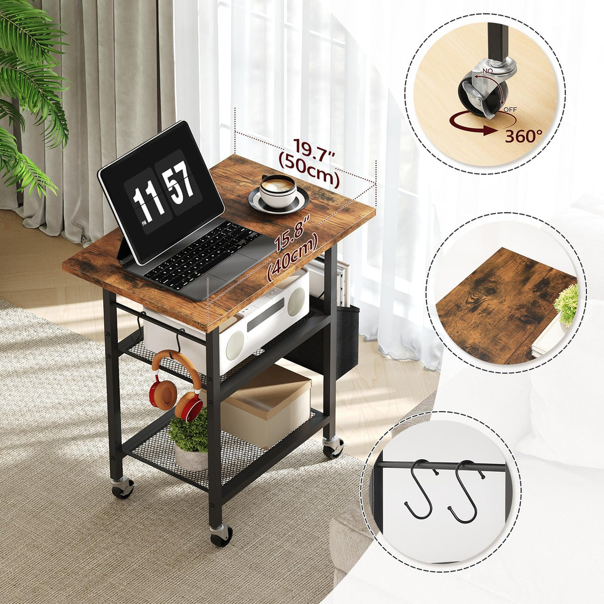 MAHANCRIS 3-Tier Printer Stand, Rolling Printer Table on Wheels, Industrial Storage Stand with Side Pocket, Wooden Tabletop