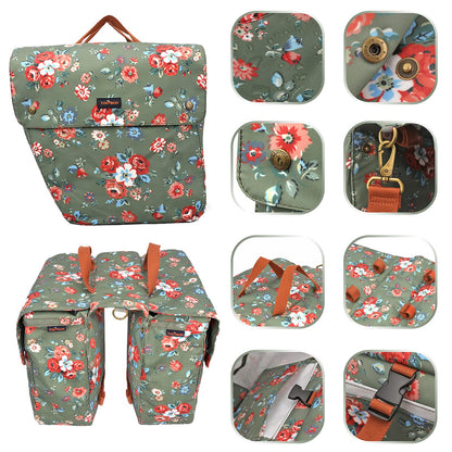 Tourbn TOURBON Waterproof Canvas Bicycle Bike Rear Seat Carrier Luggage Storage Bag Cycling Double Roll-up Pannier Bag Rear Pack Flower Pattern