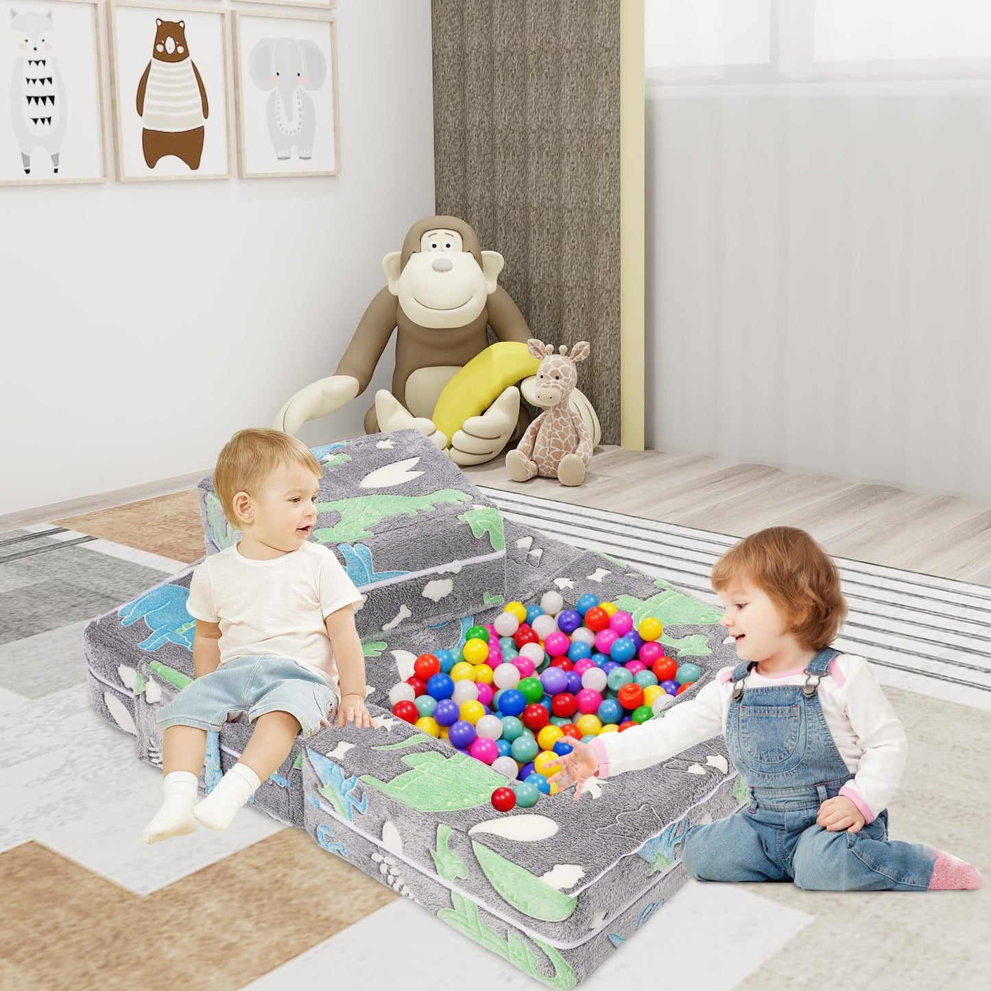 YULEYU Kids Sofa, Fold Out Toddler Sofa Chair, Children Convertible Sofa Bed, Pull Out Couch for Boys and Girls (beige) (Grey/Green)