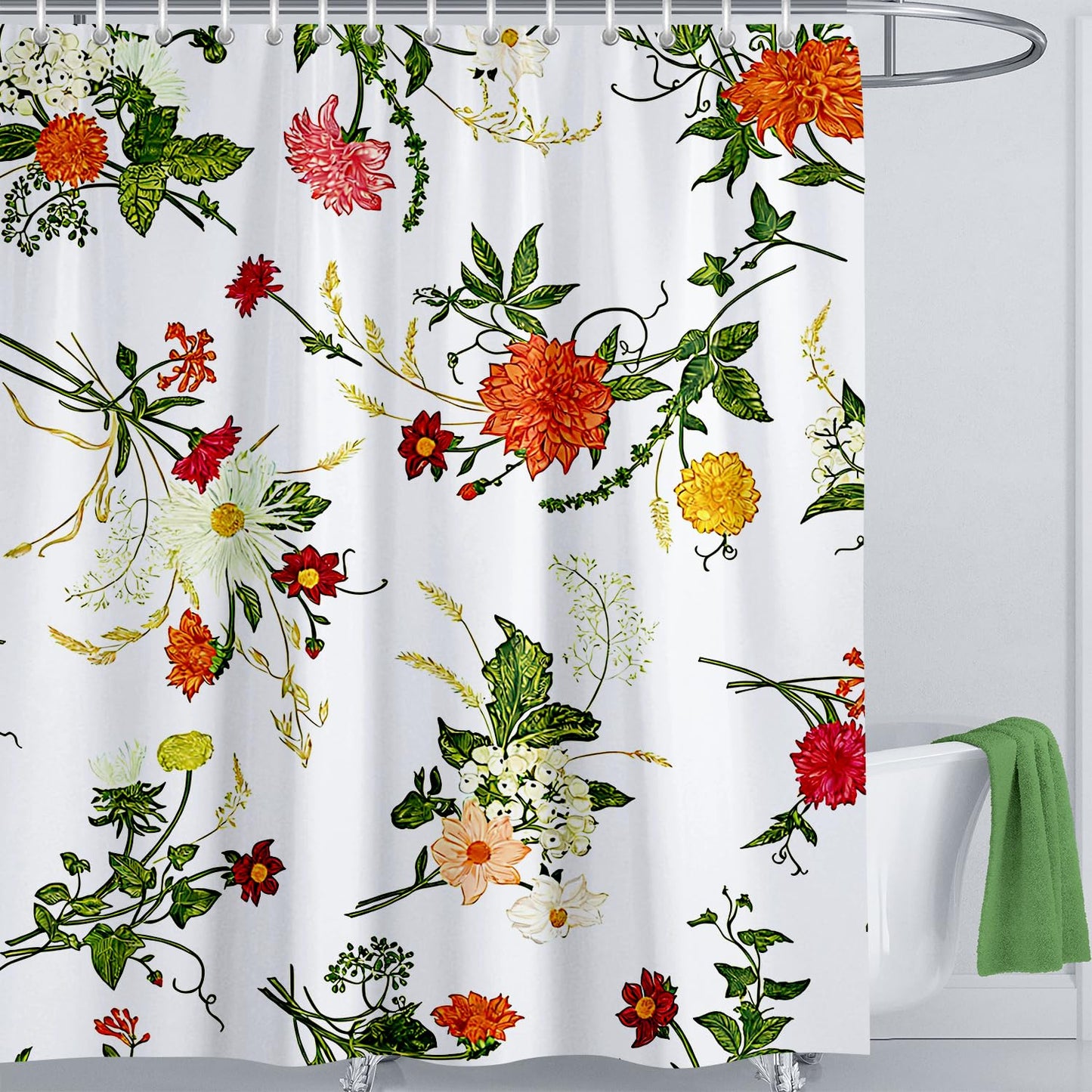 LIVETTY Shower Curtain White Floral Bathroom Curtain 180x180cm Anti-Mould Waterproof Polyester Fabric Bathtub Shower Curtains with 12 Hooks Washable