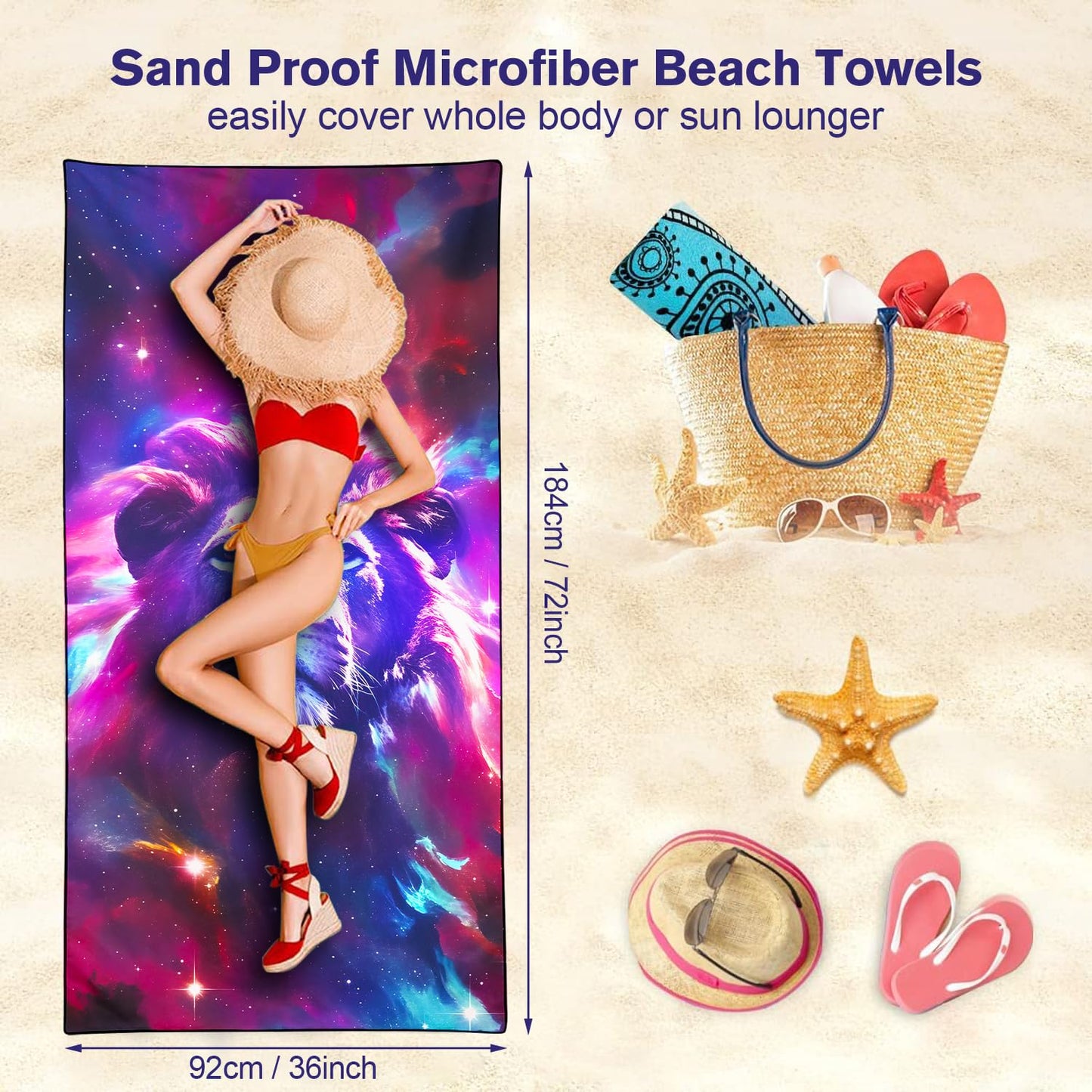 Violetpos Starry Lion Beach Towel, Extra Large 180x90 cm 250GSM Microfibre, Sand Free Quick Dry