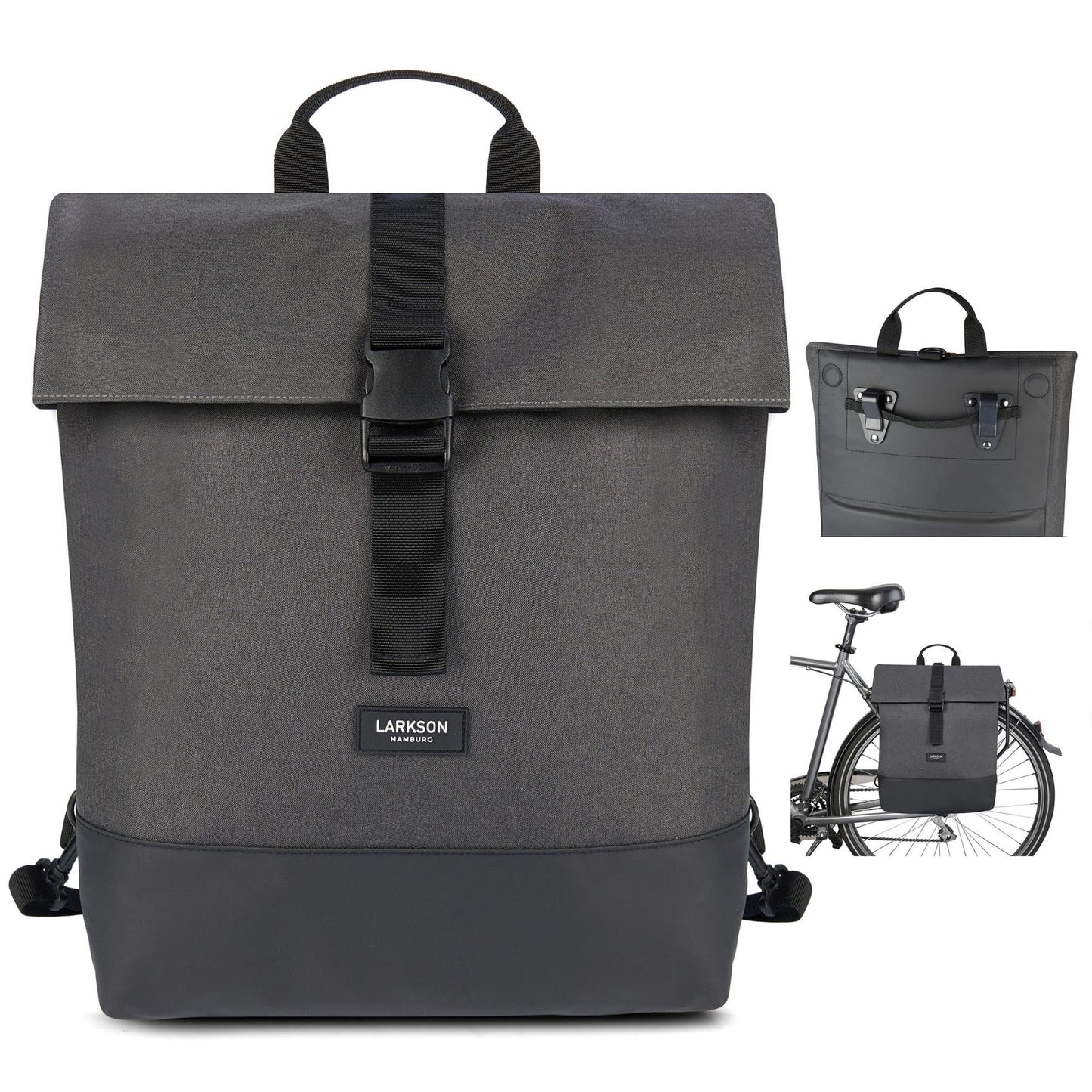 LARKSON Bike Pannier Bags Anthracite - Tammo Bike - 2 in 1 Cycle Backpack & Bicycle Bag for Rear Carrier, Made of Recycled Material - Water-Repellent
