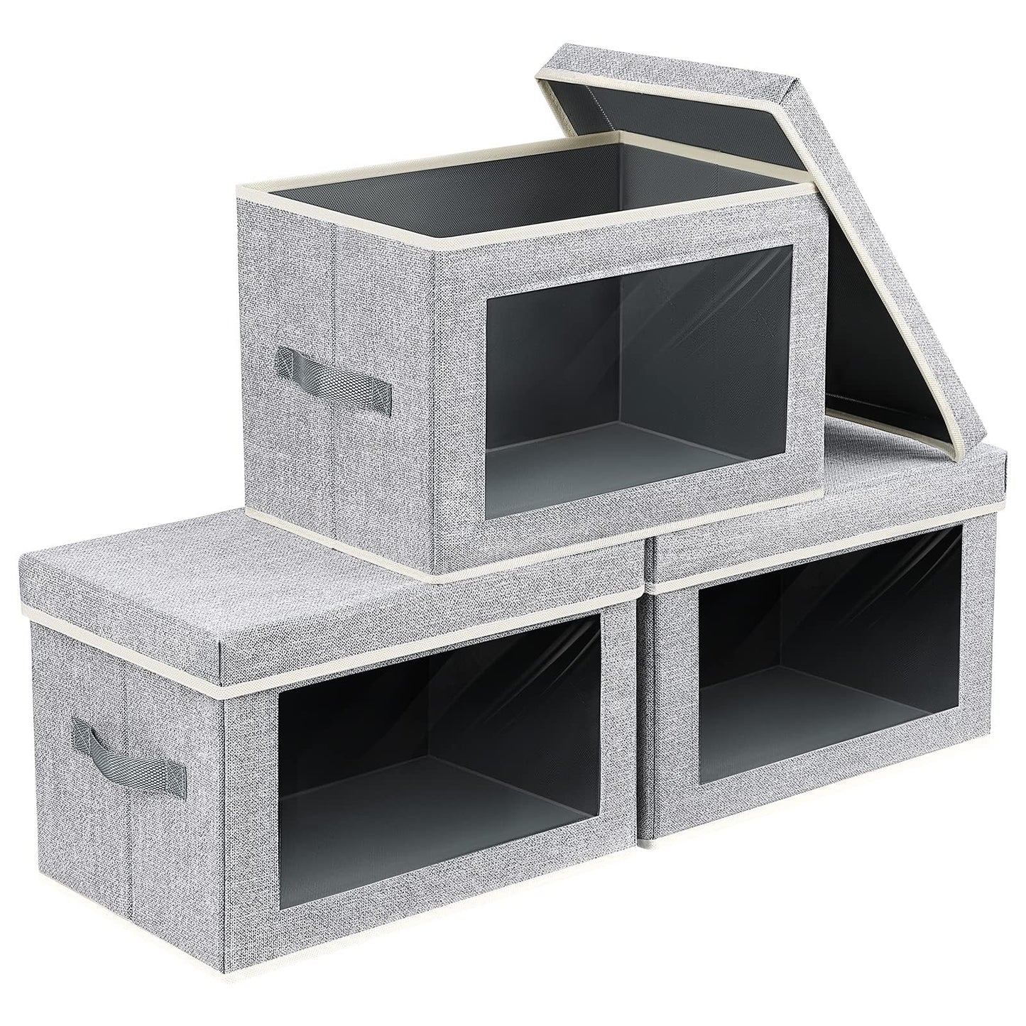 DIMJ 3 Pack Foldable Storage Boxes with Lids - Storage Bins with Clear Window, Fabric Storage Basket with Handle Wardrobe Organiser for Clothes, Toys