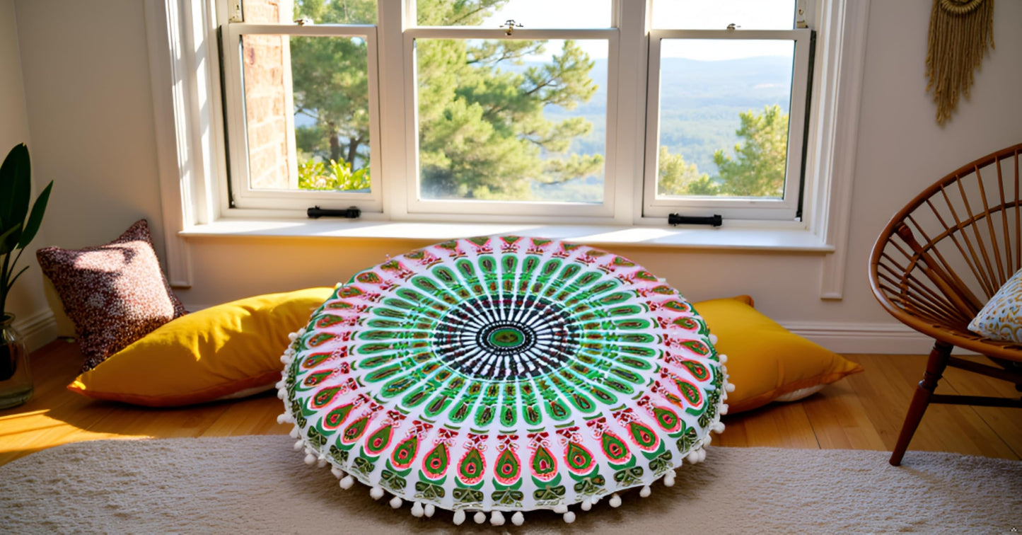 CRAFT KALA 22" Mandala Meditation Floor Pillows Cover Pouf Cover Round Seating Bohemian Mandala Cotton Floor Cushion Cover Outdoor Fireplace Seating