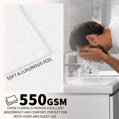 CityComfort Flannels Pack of 12 Face Towels 100% Cotton 550 GSM 30x30cm Highly Absorbent Soft Wash Cloth Household Essentials White - 12 Pack