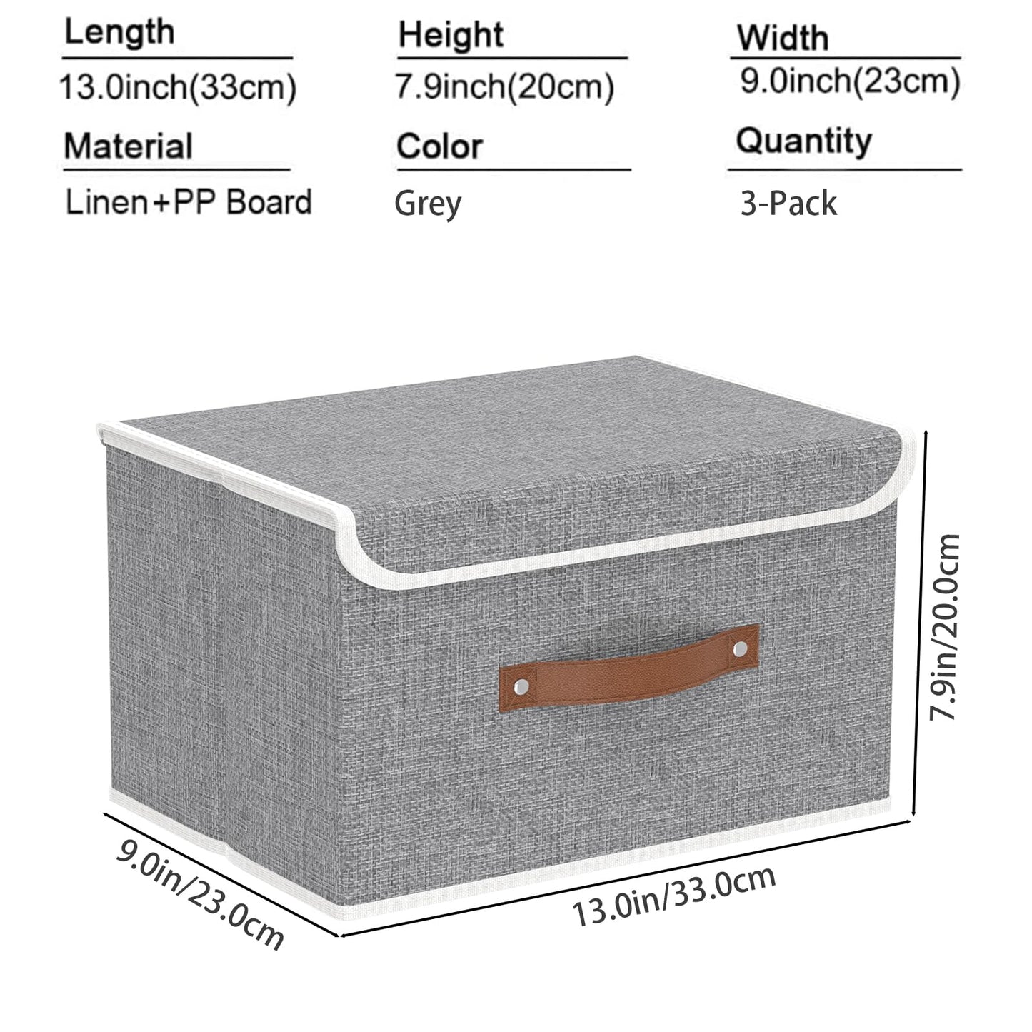 Yawinhe Collapsible Storage Boxes with Lids,33x23x20cm,Grey,3-Pack