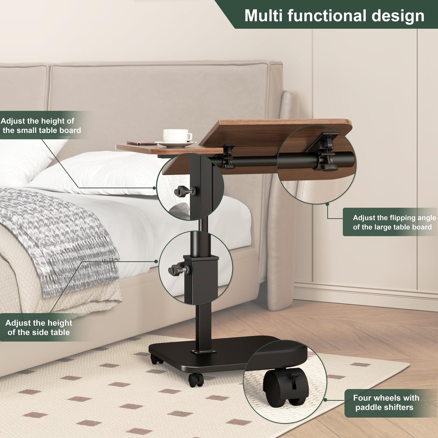 Adjustable Height C Shaped End Table with Wheels,360°Swivel Side Table, Top Tilting Laptop Stand TV Table for Sofa/Bed