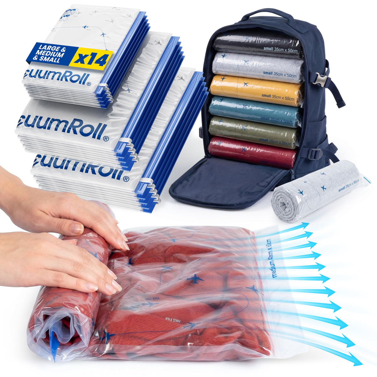 myHodo Vacuum Compression Bags for Rolling 14 Pieces - Versatile Travel Bags for Suitcase & Backpack, Reusable Storage Solution, Durable & Hygienic