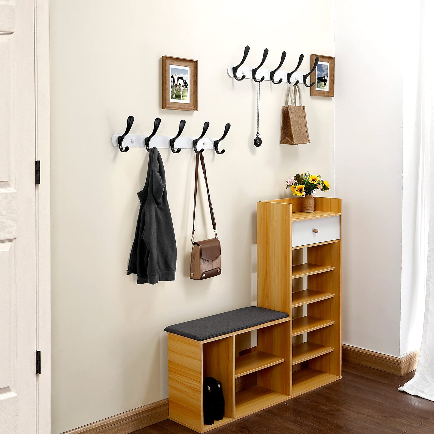 SKOLOO Modern Wall Coat Rack - Metal Mount With 5 Hooks, Sturdy Rail for Hanging Jackets, Clothes, Hats - Black on White