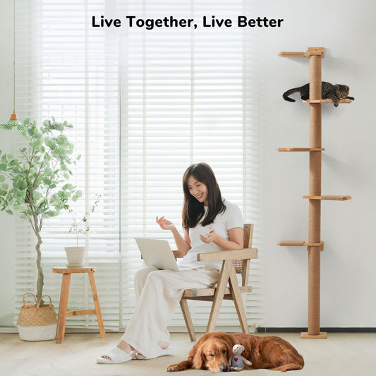 FUKUMARU Tall Cat Tree, 5 Tier Floor to Ceiling Cat Tower, Wall-Mounted Cat Scratching Post, Wild Simulation Cat Wall Shelves, Suitable for Cats