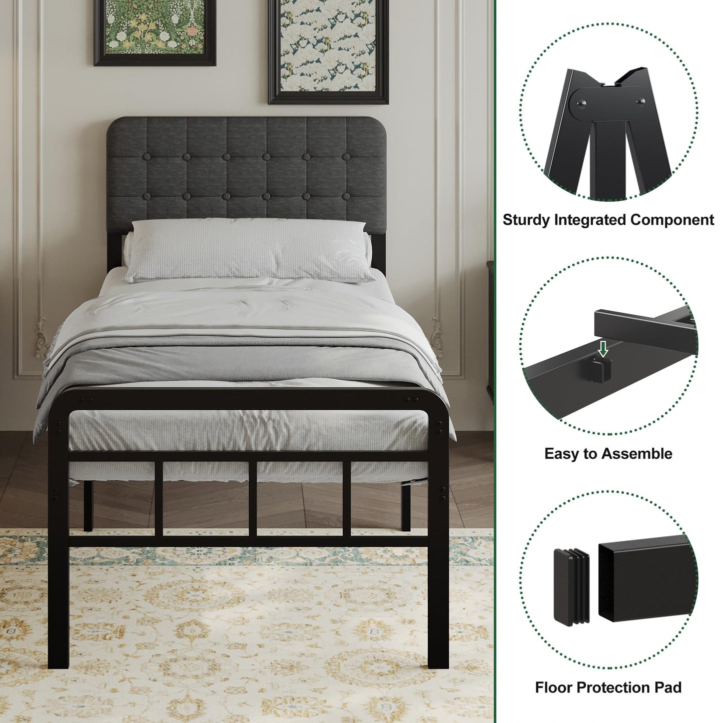 EMODA 3ft Single Bed Frame with Upholstered Headboard and Footboard