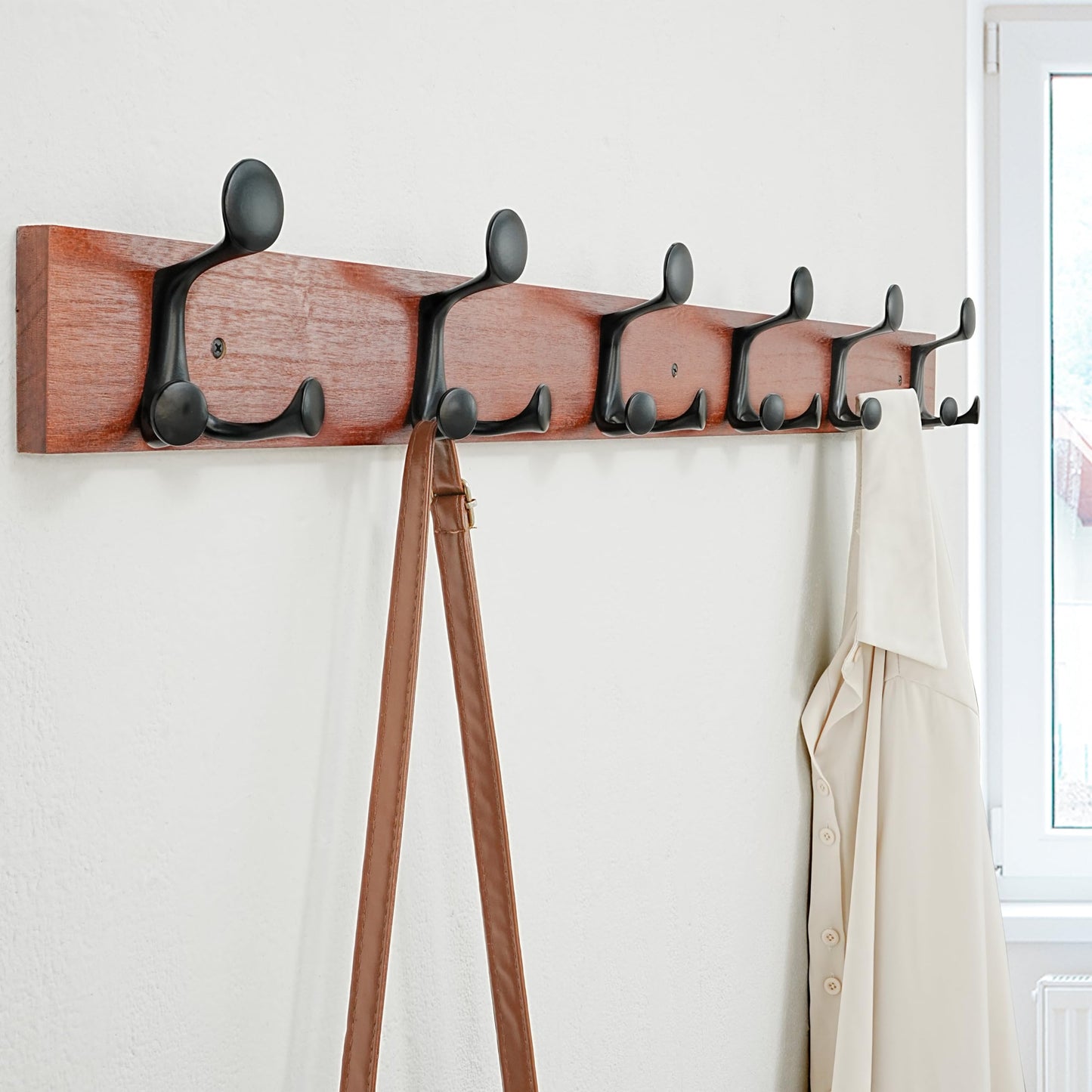 SKOLOO 99cm Cherry Wood Coat Rack Wall Mount with 6 Triple Hooks - Ideal for Family Entrances, Classrooms, and Pet Supplies Storage