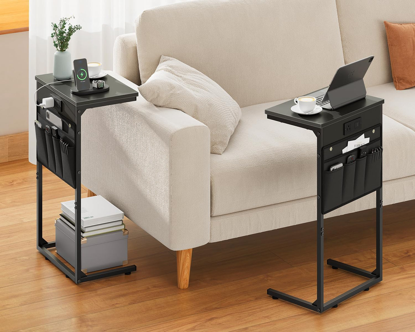 Vagusicc C Shaped End Table with Charging Station, 28" Tall Couch Side Table, Sofa Table Beside Table, Slide Under Sofa Arm C Table for Small Spaces