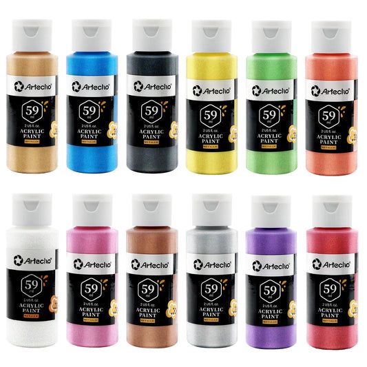 Artecho Metallic Acrylic Paint Set - 12 Colors, 2 Oz/59ml, For Wood, Fabric, Canvas, Leather & Stone
