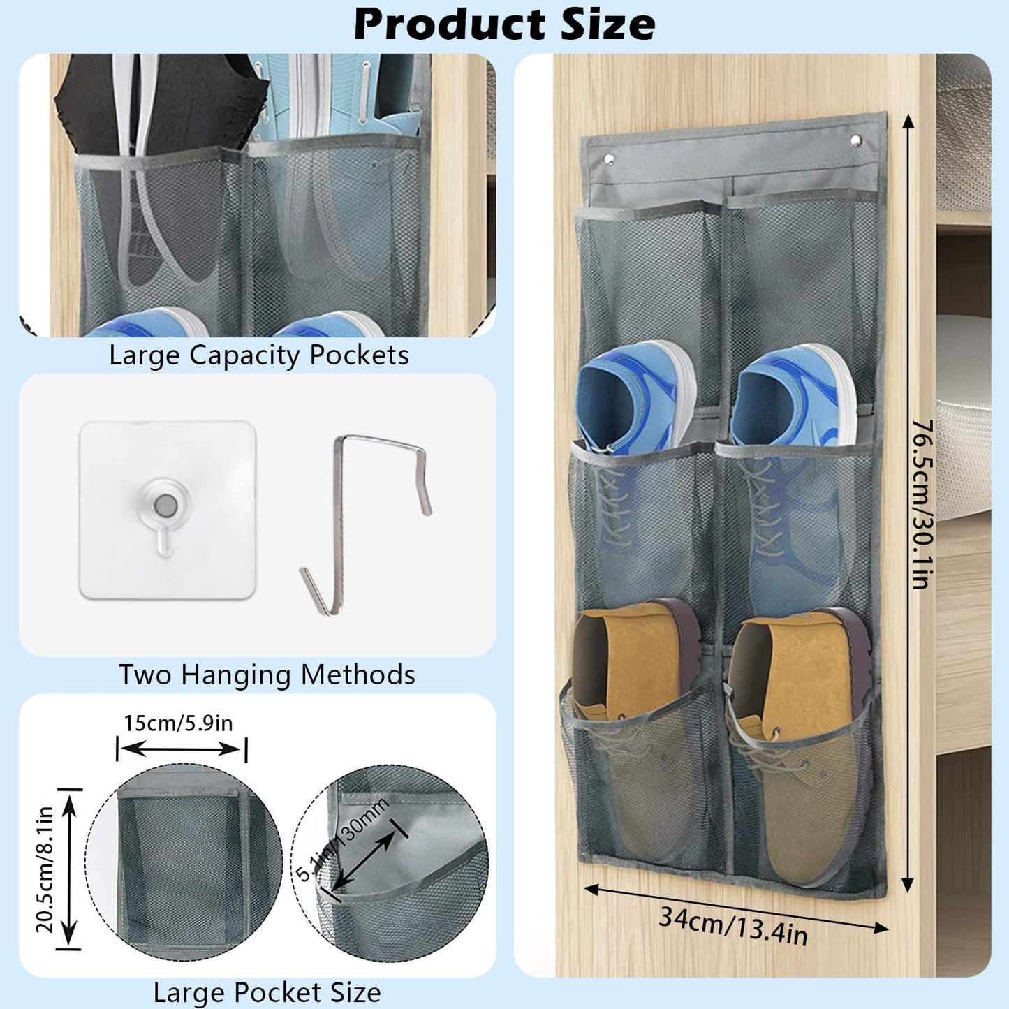 QUMENEY Storage Organizer with Hook Hang Foldable Hanging Storage Organizer Large Fabric Deep Pockets Shoe Rack for Closet and Narrow Door Organizer
