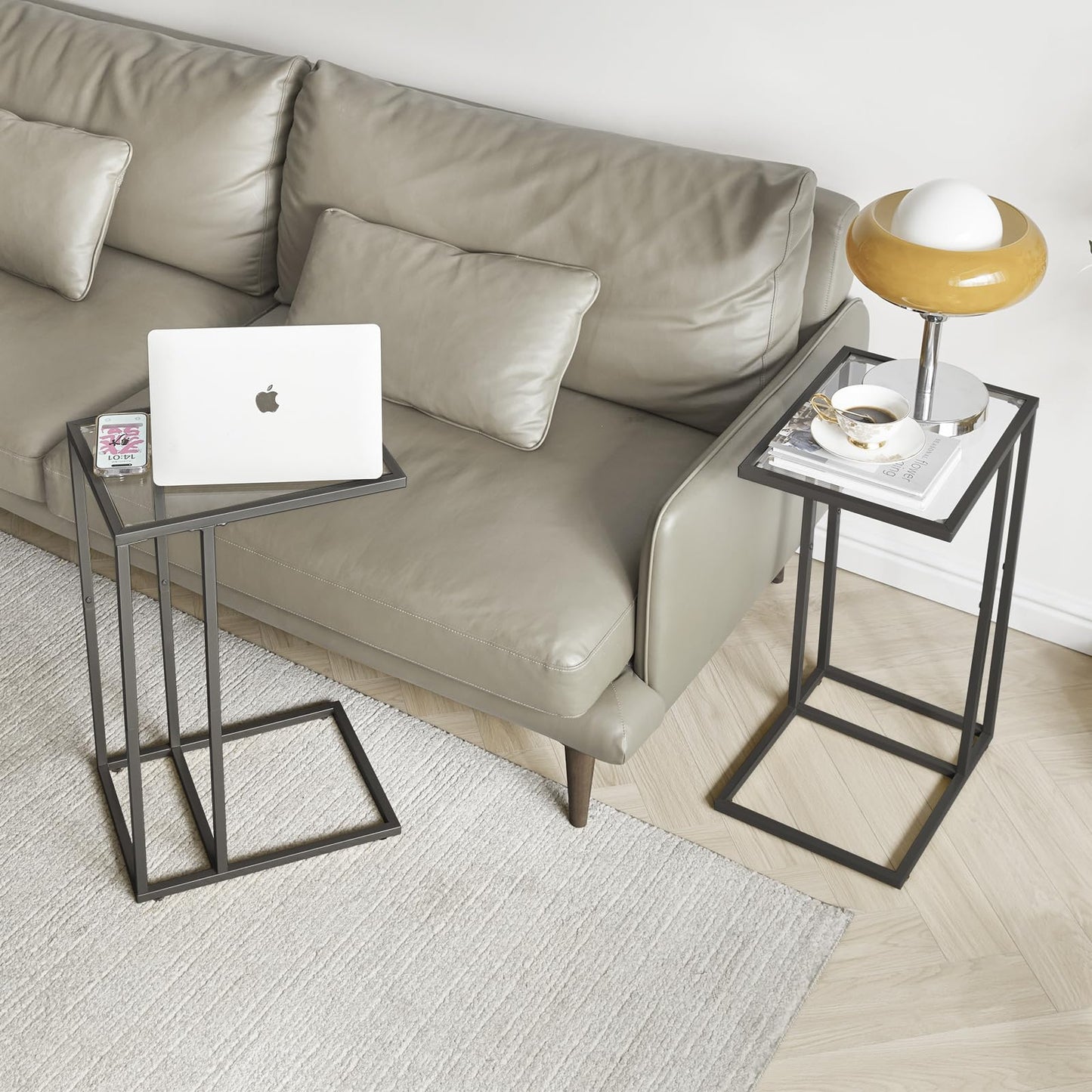 YMYNY C Shaped End Table, Tempered Glass Snack Side Table for Small Space with Metal Frame, Narrow Couch Table, for Living Room, Bedroom