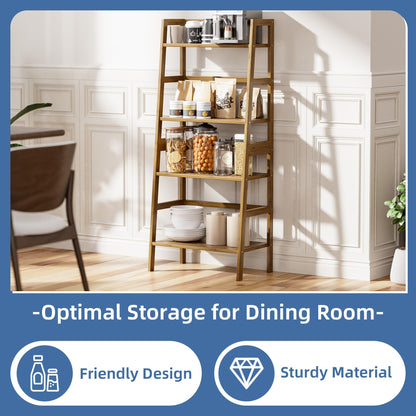 HITNET Ladder Bookcase, 4-Tier Leaning Bookshelf, Bamboo Open Display Storage Rack Shelves, Flower Plant Stand, Space Saving Small Book Shelf, Walnut