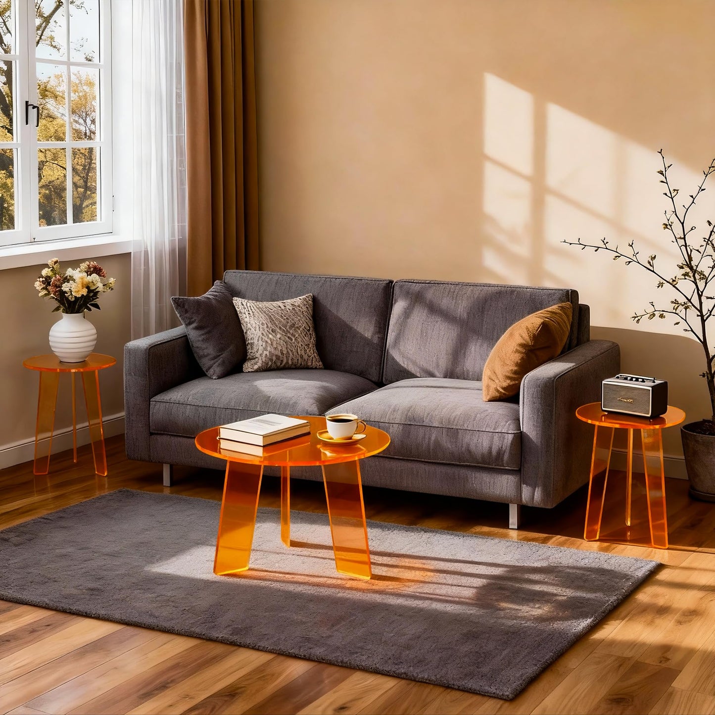 Dewrhiixe Acrylic Round Coffee Table, Clear Circle Modern Lucite Side Table for Living Room, Bedroom, Office (Orange, 60×60×40 cm)