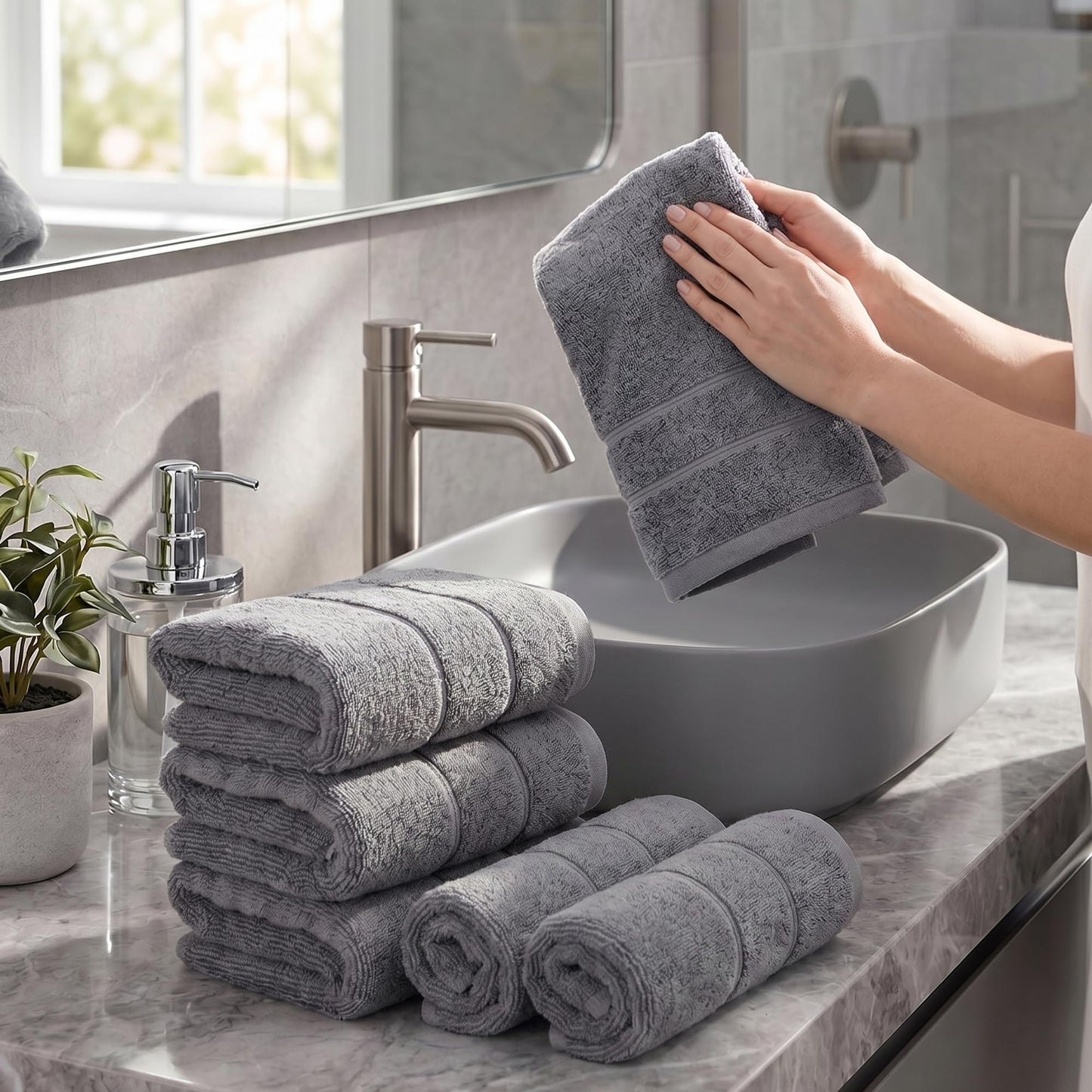 Bathroom Hand Towels 6 Pc Set I Lightweight I Quick-dry I OEKO-TEX I Grey