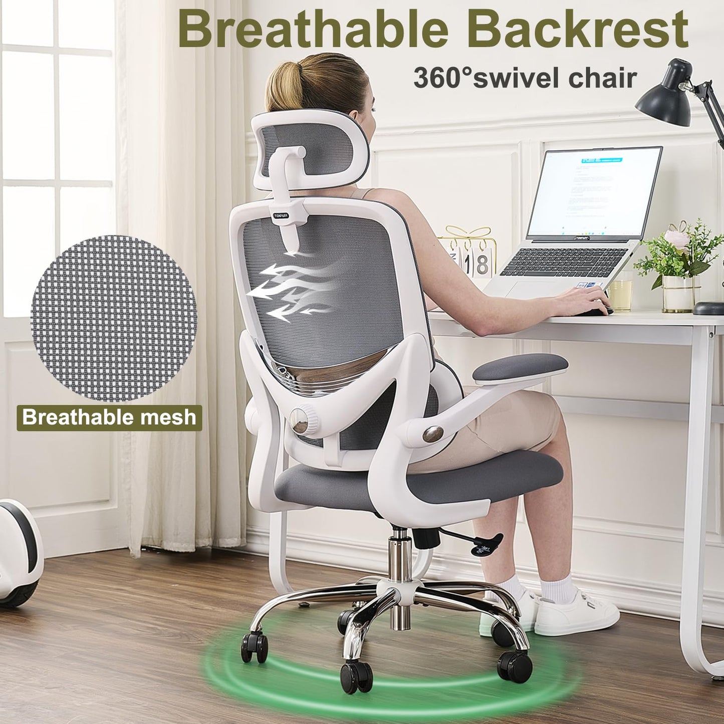 TONFARY Ergonomic Mesh Office Chair with Adjustable Lumbar, Space-saving