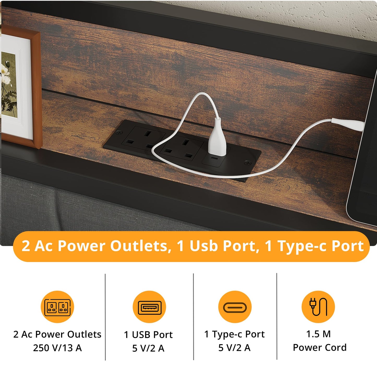 IRONCK Small Double Bed Frame with Storage Shelf Upholstered Headboard, Platform Bed Frame with Charging Station, Metal Bed Frame/UnderBed Storage