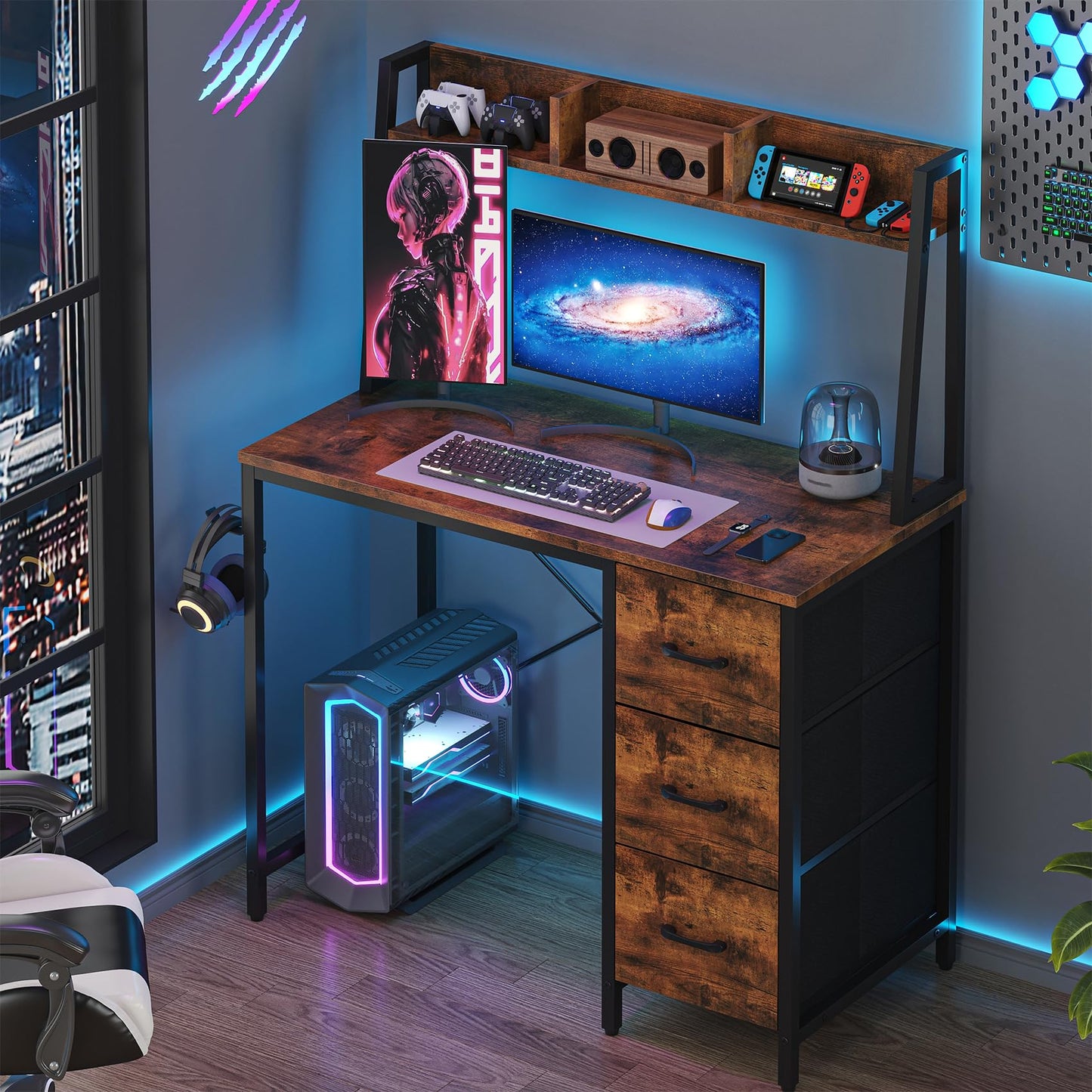 Feonase Industrial-Style Computer Desk with 3-Tier Wall-Mounted Shelf & 3 Fabric Drawers – MDF Desktop for Home Office, Study & Organization