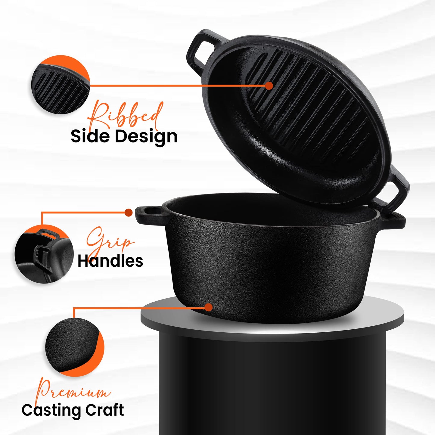 KICHLY 4.7L/5.0 Quart Pre Seasoned Cast Iron Pan, Dutch Oven with Lid, Dual Function Griddle Pan, 10.6 Inch (27 cm), Casted Pot with lid, Casserole