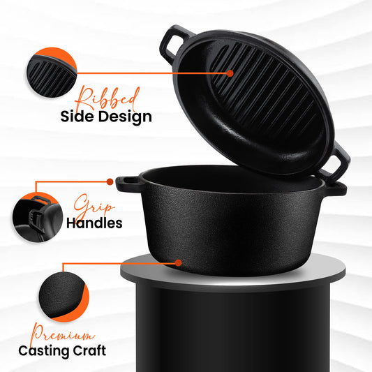 KICHLY 4.7L/5.0 Quart Pre Seasoned Cast Iron Pan, Dutch Oven with Lid, Dual Function Griddle Pan, 10.6 Inch (27 cm), Casted Pot with lid, Casserole