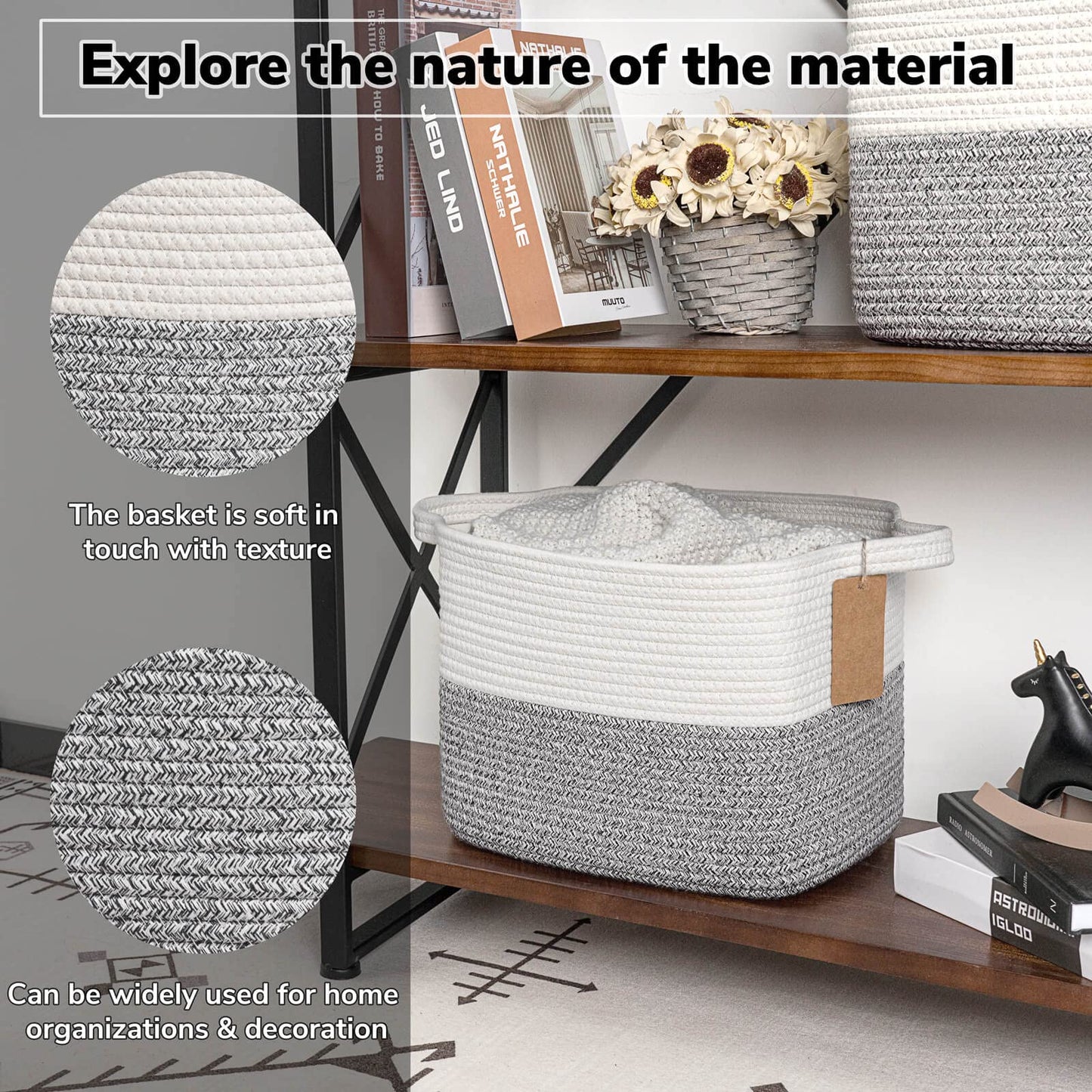 TIMEYARD Cotton Rope Storage Basket Woven Shelf Basket Grey