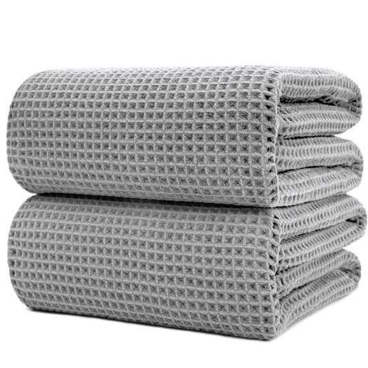POLYTE 430 gsm Microfibre Quick Dry Lint Free Bath Sheet, 89 x 178 cm, Set of 2 (Waffle Weave)