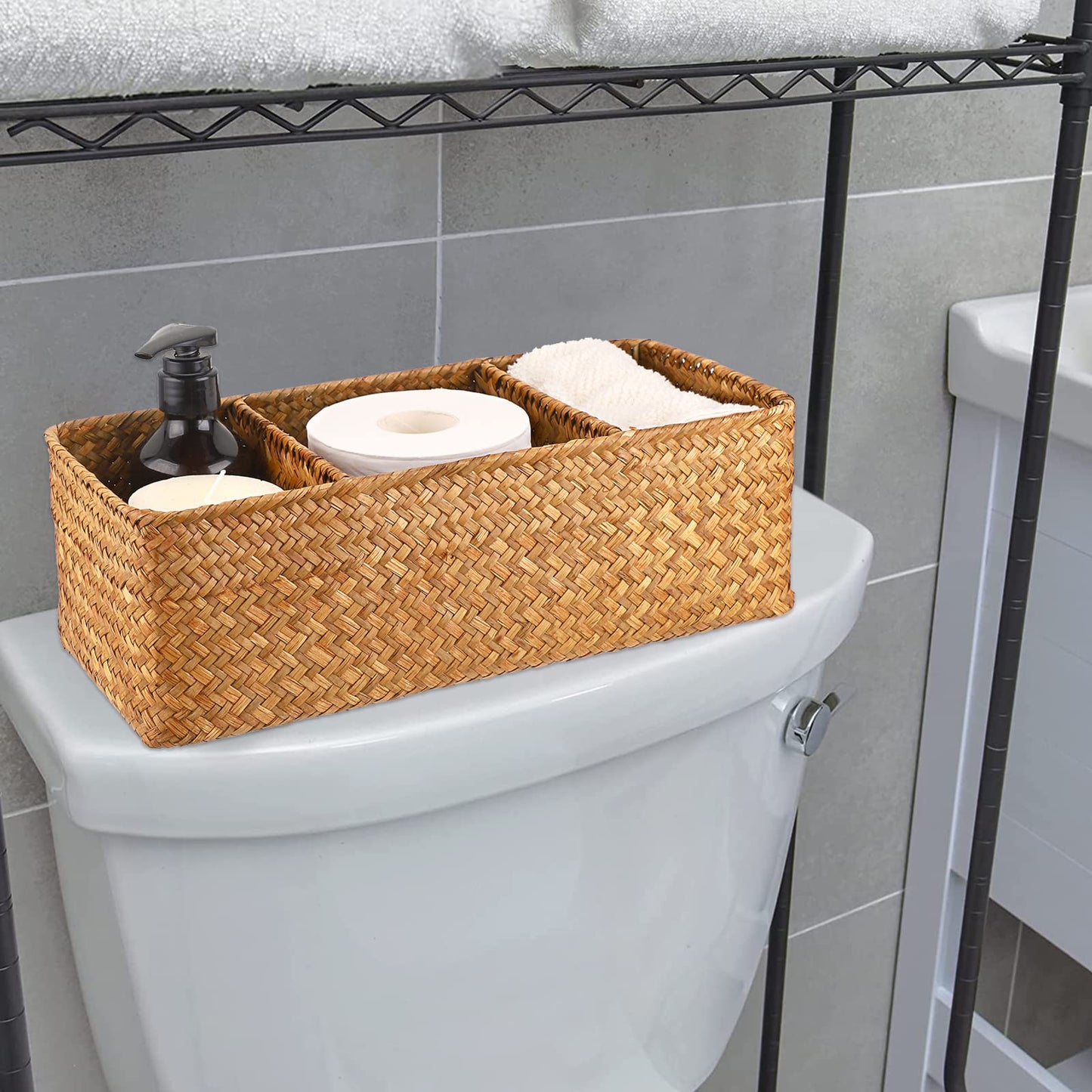 IGNPION 3-compartment Seagrass Storage Basket Woven Desktop Basket Rectangular Organiser Box Shelves & Desks Decorative Baskets for Sundries