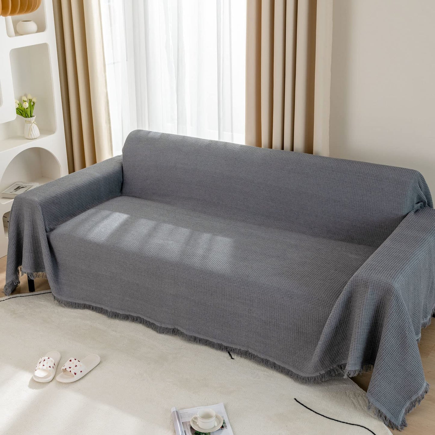 LHGOGO Woven Waffle Sofa Throw Large 3 Seater with Tassels - Reversible 180x300cm Throws for Sofas, Settees, Couch, and Armchair - Grey, 70.87 x