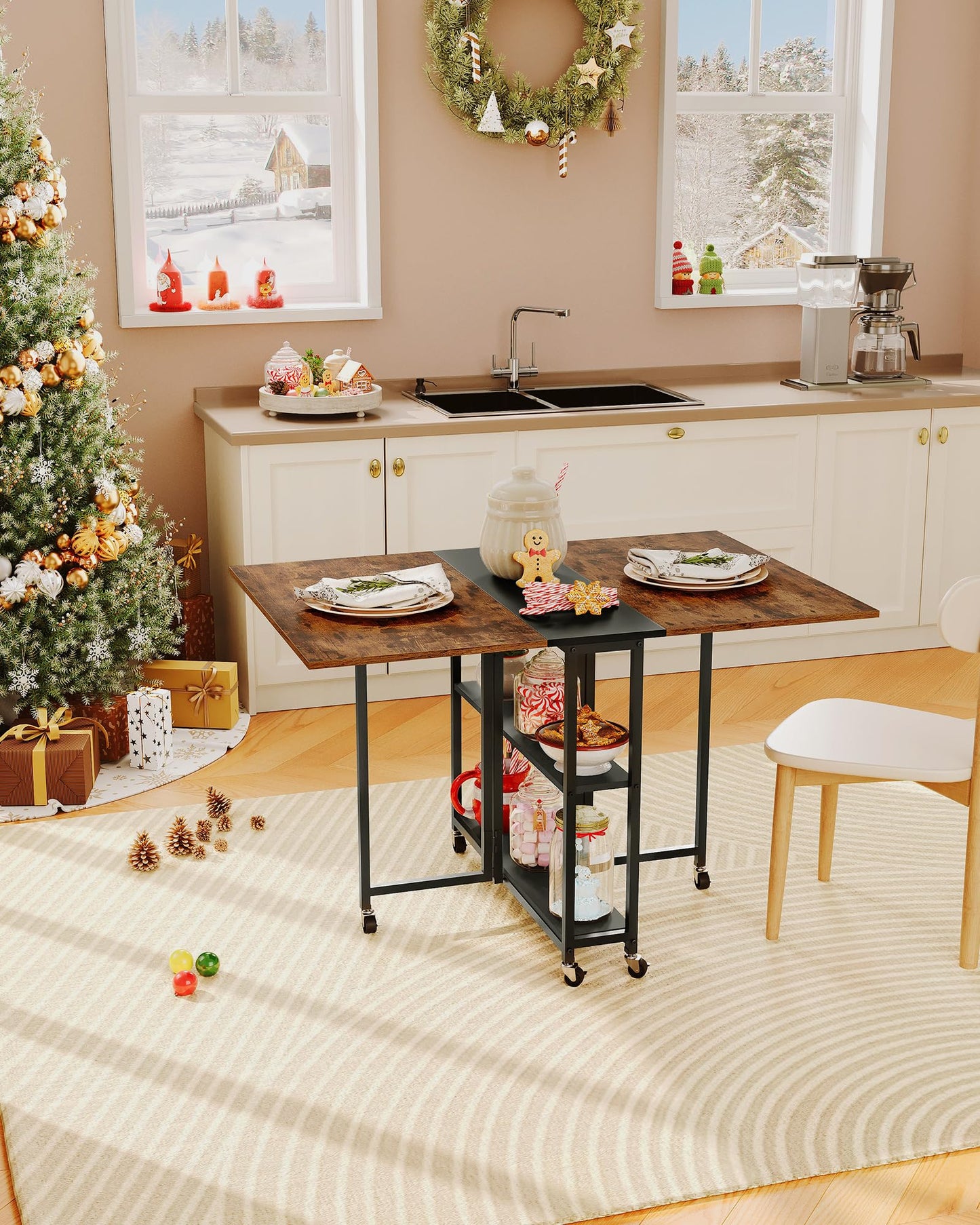 CHOEZON Folding Dining Table, Movable Dining Table, Expandable Kitchen Table, Versatile Breakfast Table with 6 Wheels and 2-Tier Shelf, for Dining