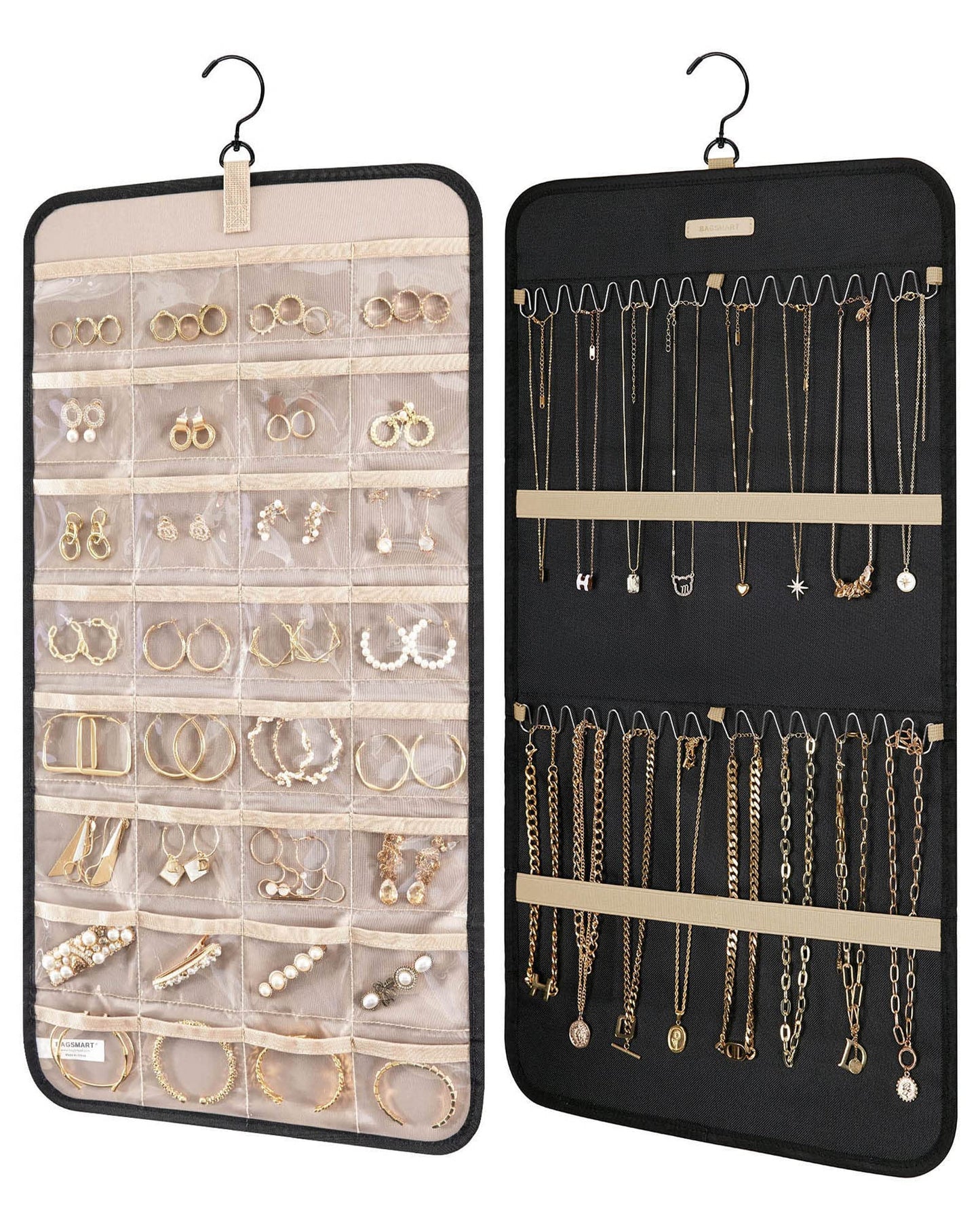 bagsmart Dual-sided Jewelry Organizer Hanging with Metal Hooks,32 Pockets and 3 Wave-Shaped Hooks,Jewelry Roll for Earrings,Necklaces,Rings on