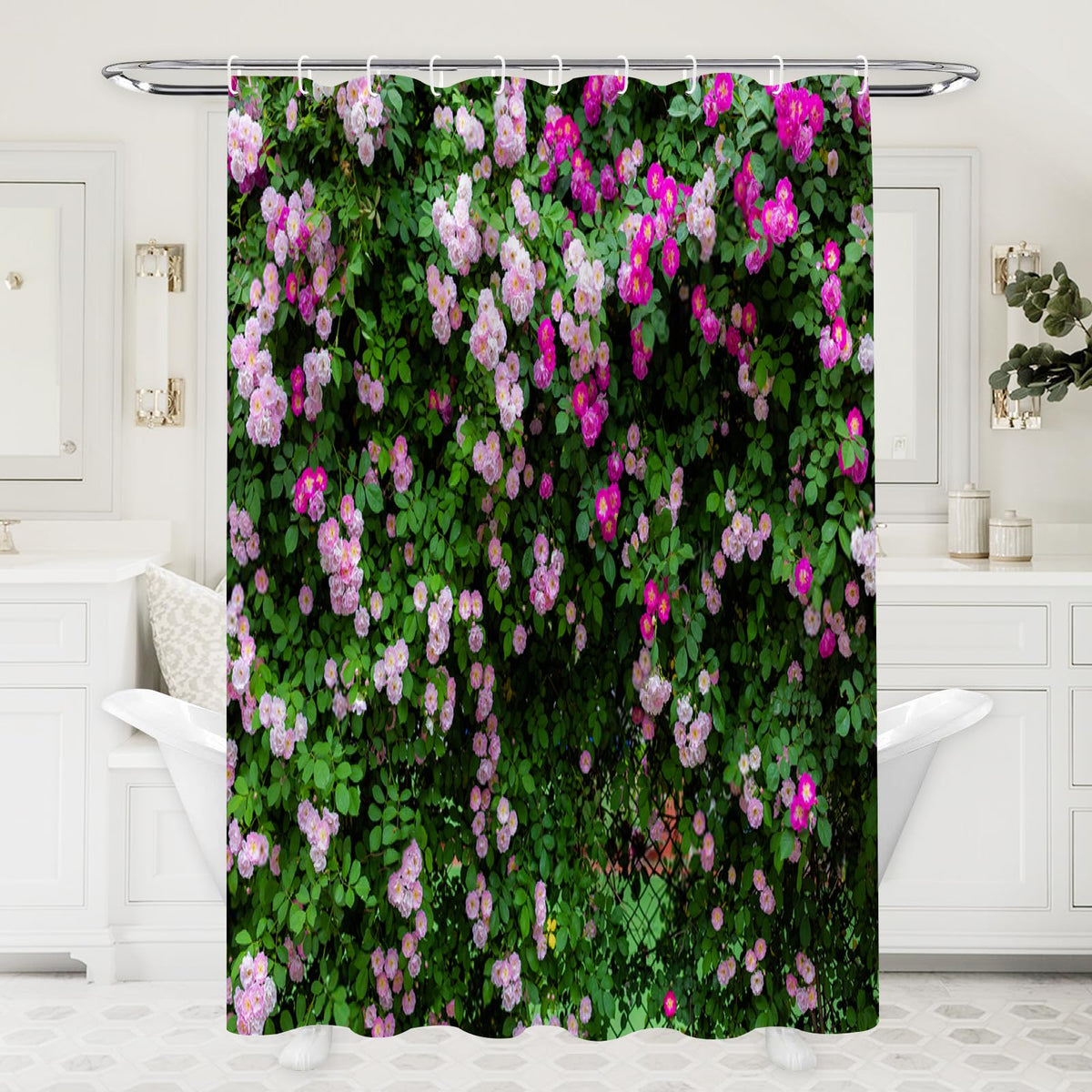 Simpomsy Outdoor 3D Floral Shower Curtain - Pink Garden Scenery Waterproof With Hooks 180x180cm