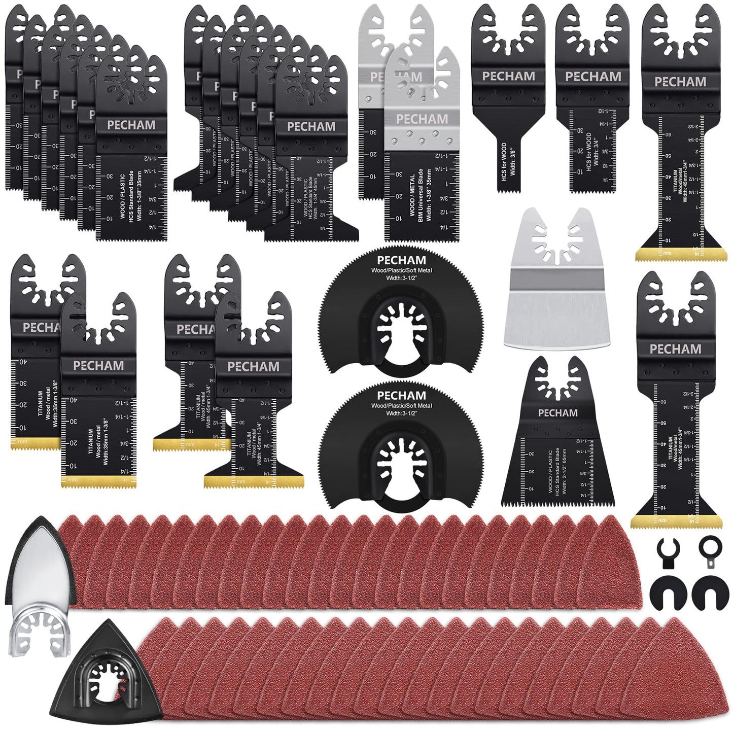 PECHAM 128PCS Titanium & Japanese Tooth Saw Blades Universal Wood Metal Cutting with Multi Tool Sanding Pads Fit More Oscillating Tools