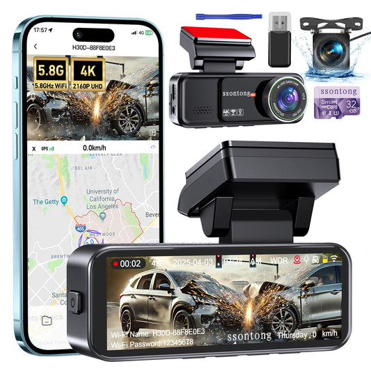 Dash Cam Front and Rear, 4K Dash Cam Built-in 5.8G WiFi GPS ADAS Dashcam,3.2" IPS Screen Dash Camera with Free 32GB Card,G-Sensor,Loop