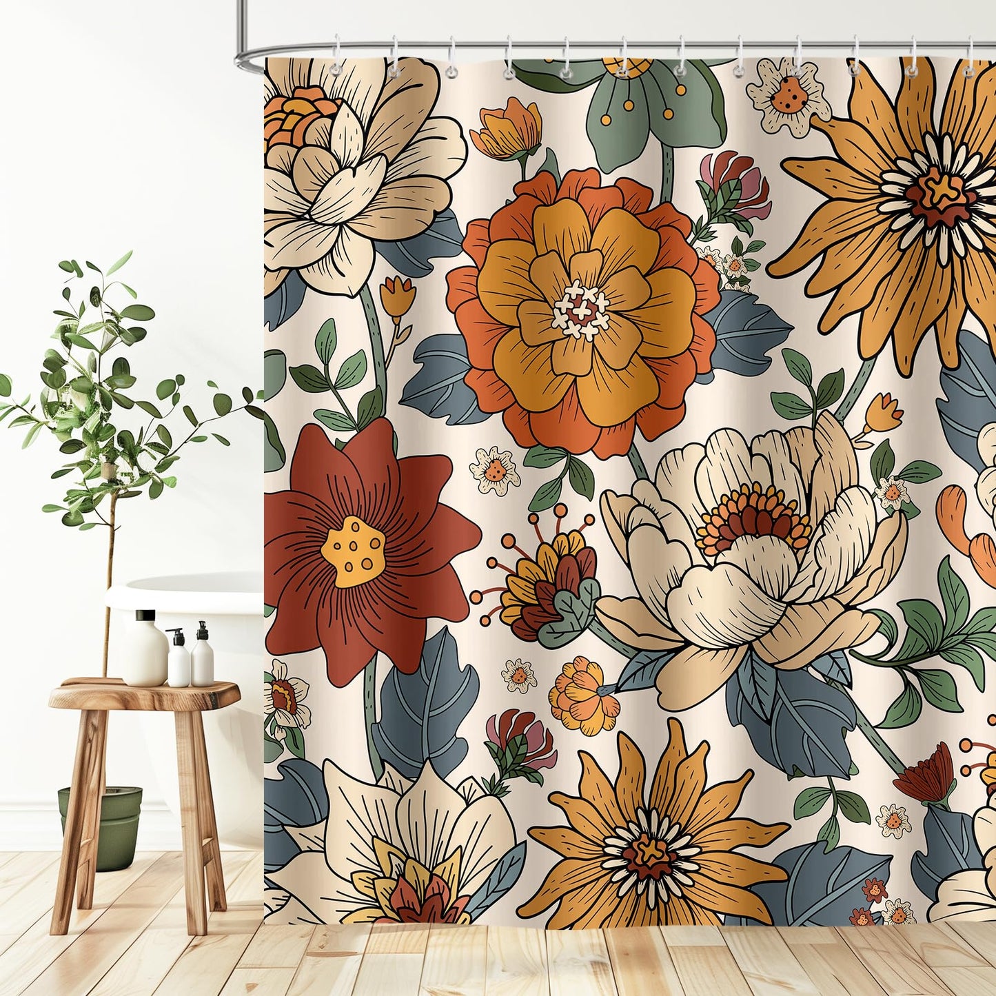 Hopomoon Beige Boho Shower Curtain,Beige Vintage Floral Abstract Farmhouse Bohemian Waterproof Fabric Bathroom Curtain with 12 Hooks,180 x 180cm