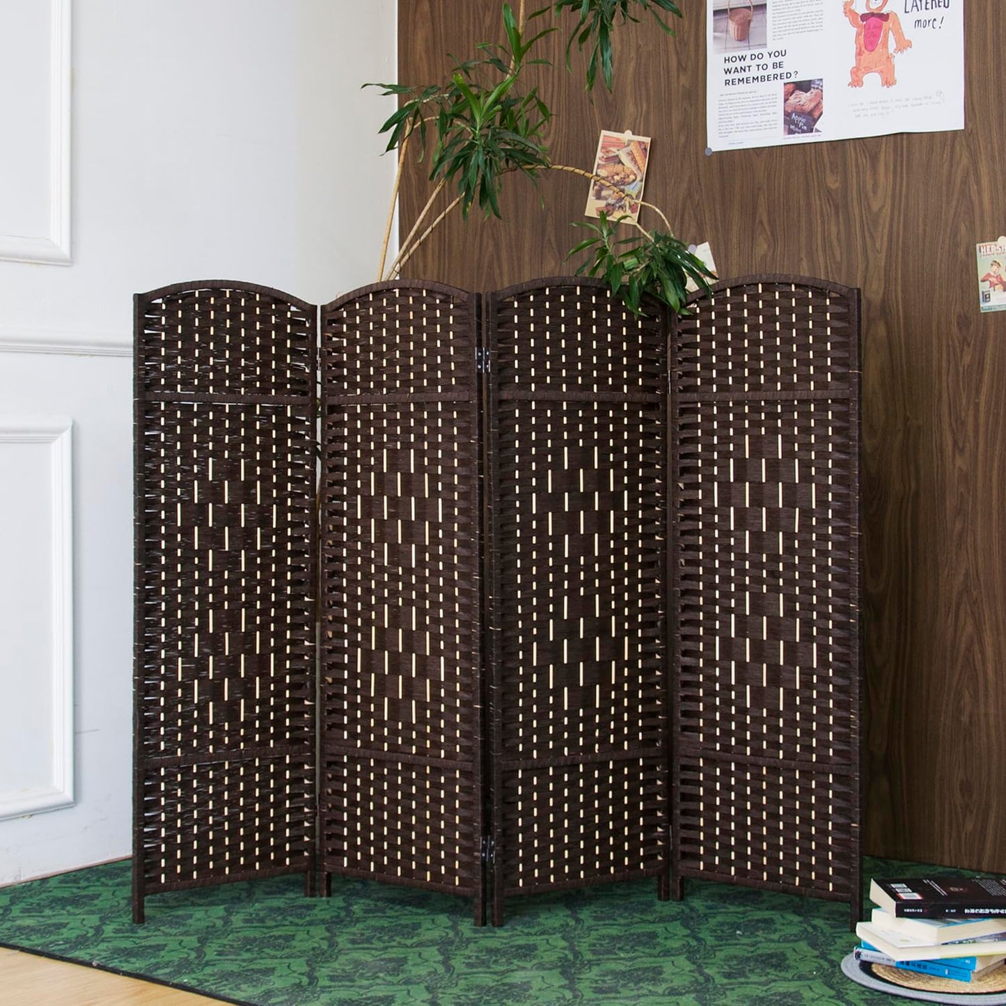 Furnnylane 4 Panel Dark Brown Rattan Divider Short Room Partition Screen,Double Sided Short Folding Divider for Room Separation,120 cm Tall