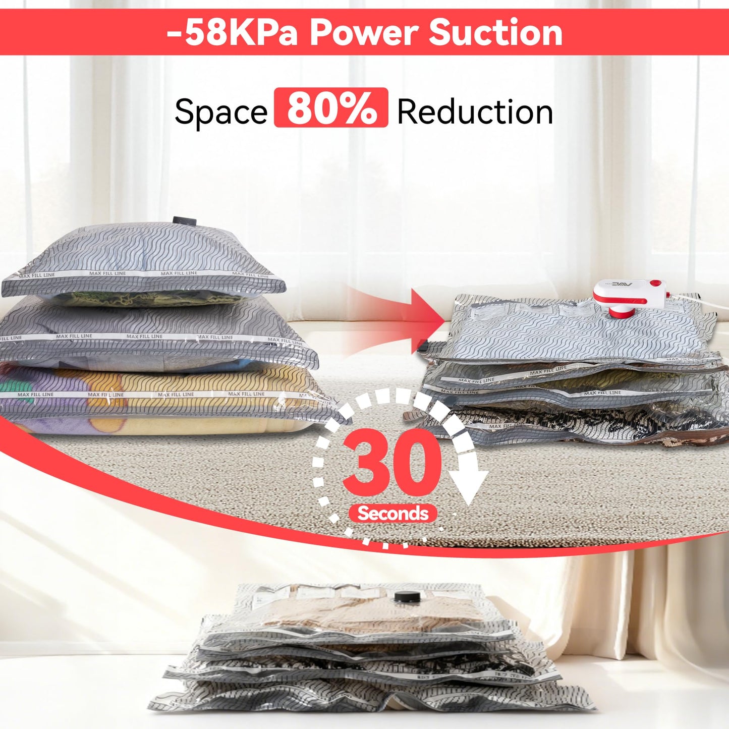 VACKFOX 12 Pack Vacuum Bags for Travel with USB & TYPE C Pump,Compression Packing Cubes for Luggage,Carry-on Space Saver Vacuum Seal Bags&Vacuum