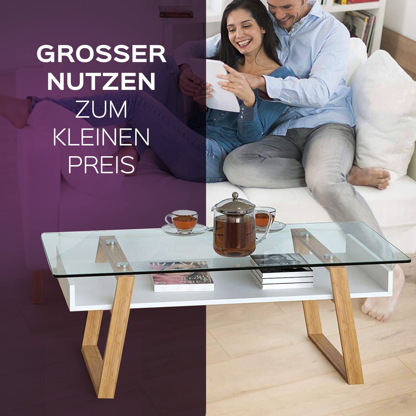bonVIVO Black Glass Coffee Table with Bamboo - Modern Glass Table Living Room with Shelf 110 x 55 x 40 cm