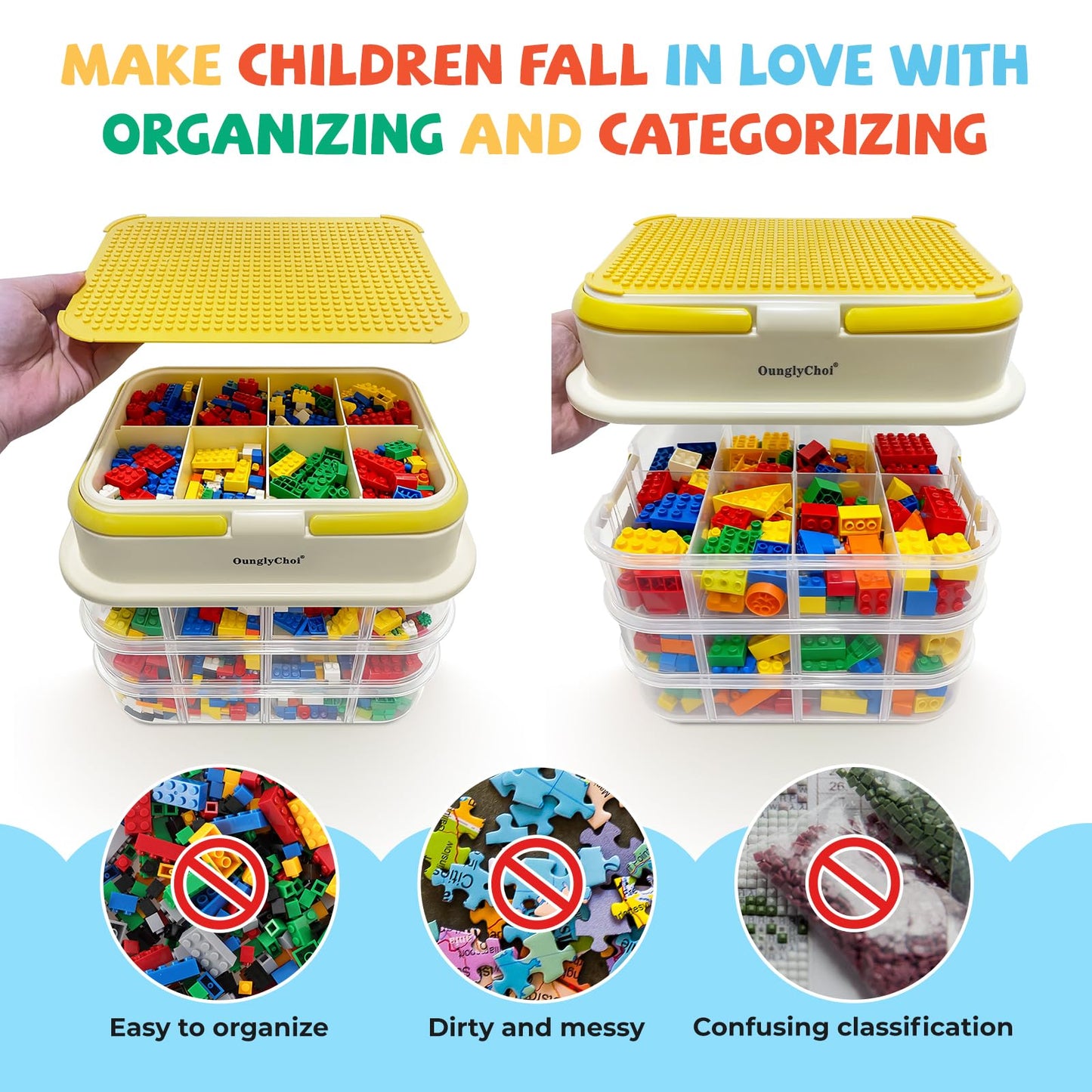 OunglyChoi Storage Boxes with Lids for Lego Cube 4-Layers Stackable Blocks Organizing Box with Handle Clear Compartment Container for Kids Toy