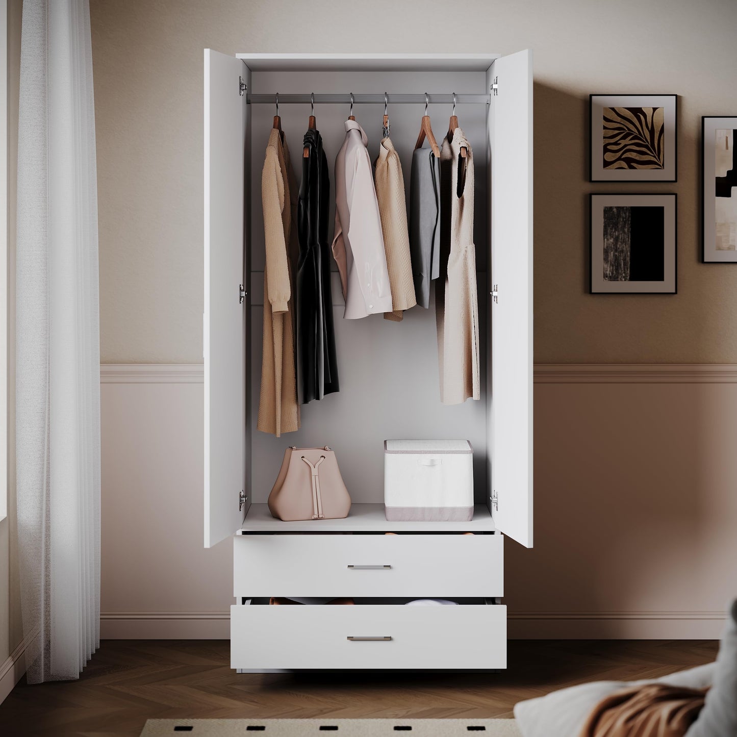 ELEGANT 2 Door Wardrobes with Clothes Hanging Rail and 2 Drawers, White